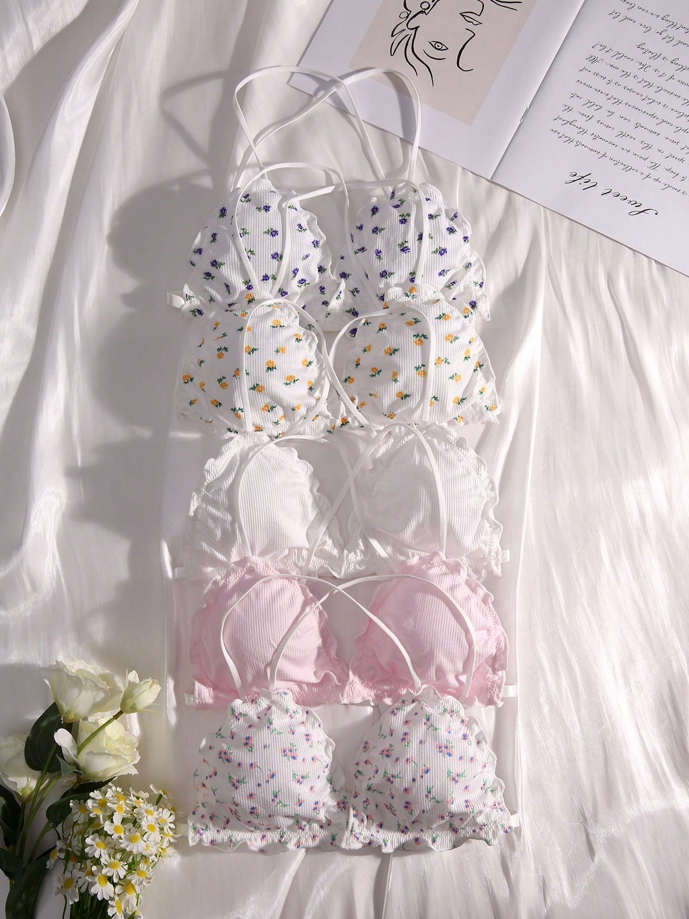Eraneu 5pcs Ditsy Floral Print Lettuce Trim Bralette Lingerie