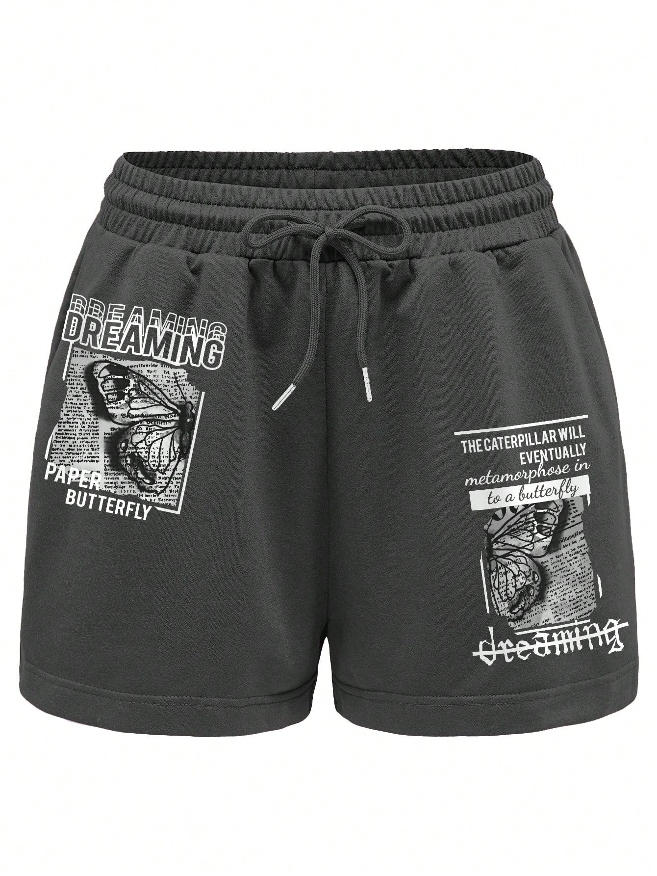 INAWLY Butterfly & Slogan Graphic Drawstring Waist Track Shorts