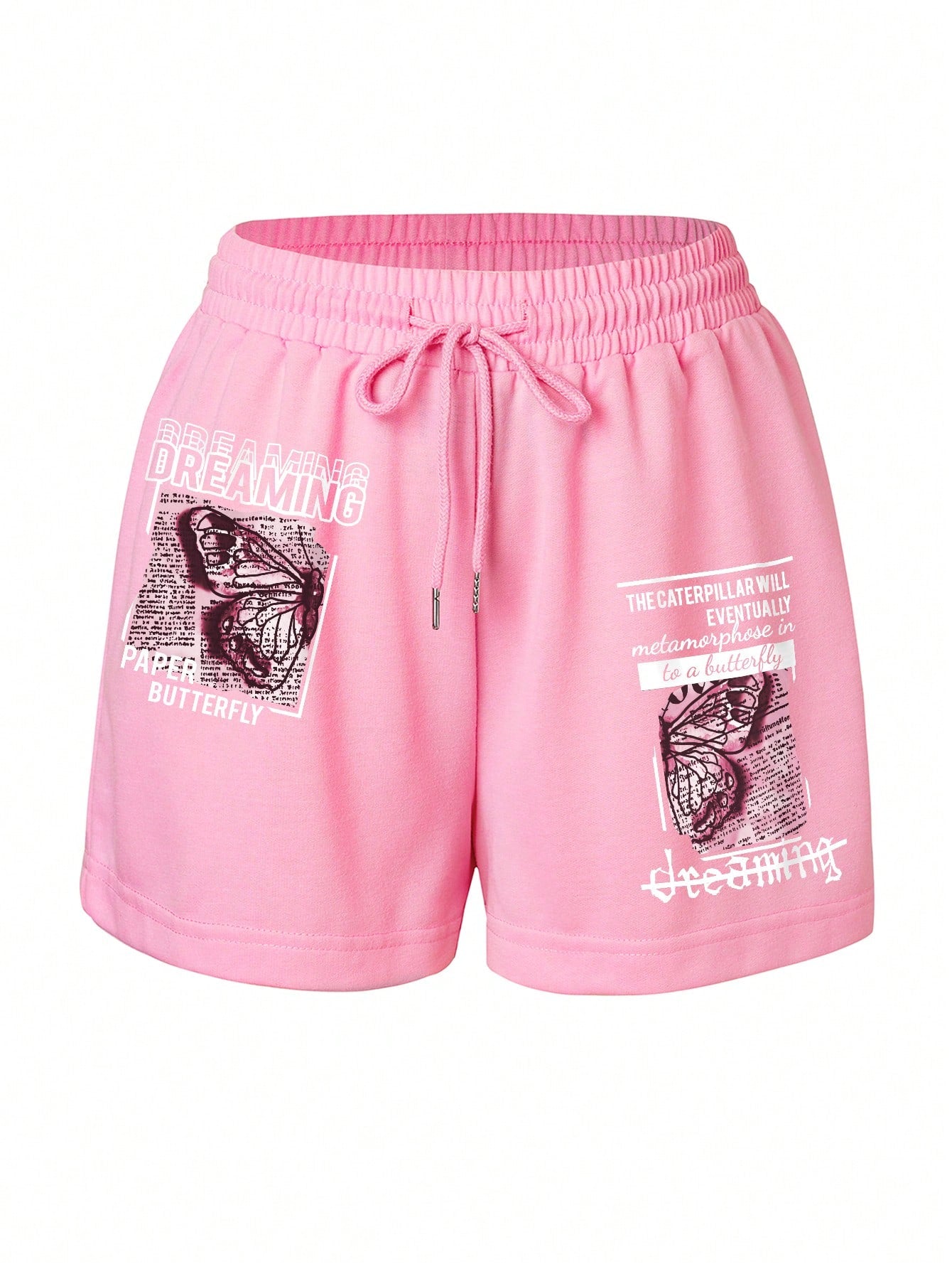 INAWLY Butterfly & Slogan Graphic Drawstring Waist Track Shorts