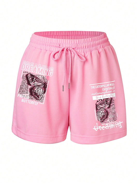 INAWLY Butterfly & Slogan Graphic Drawstring Waist Track Shorts