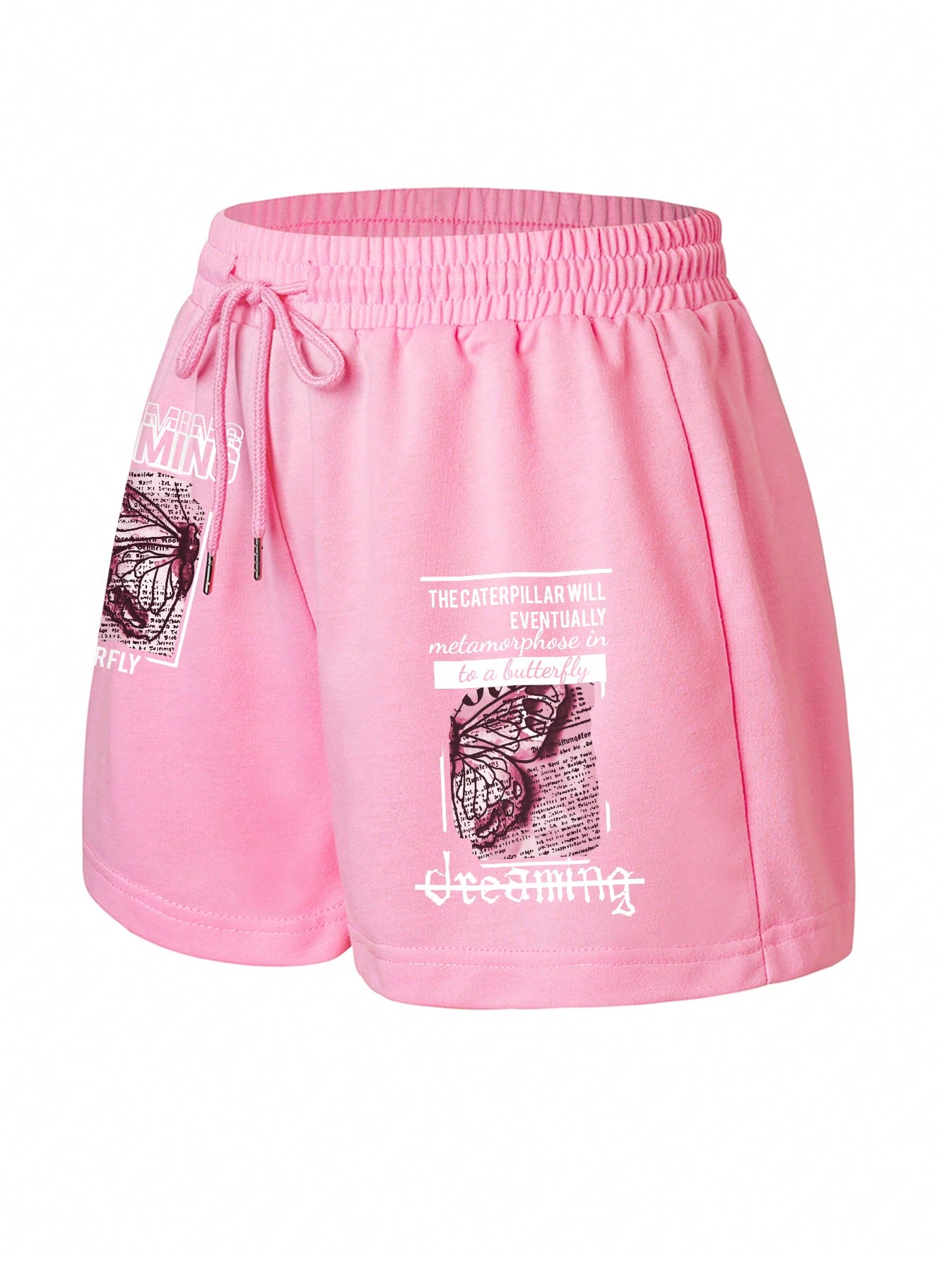 INAWLY Butterfly & Slogan Graphic Drawstring Waist Track Shorts