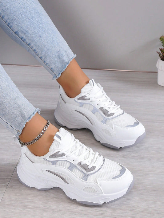 Women Round Toe Lace-Up Color Block Mesh Breathable Comfortable Fashionable Casual Thick Sole Sneakers, Versatile White Shoes For Women