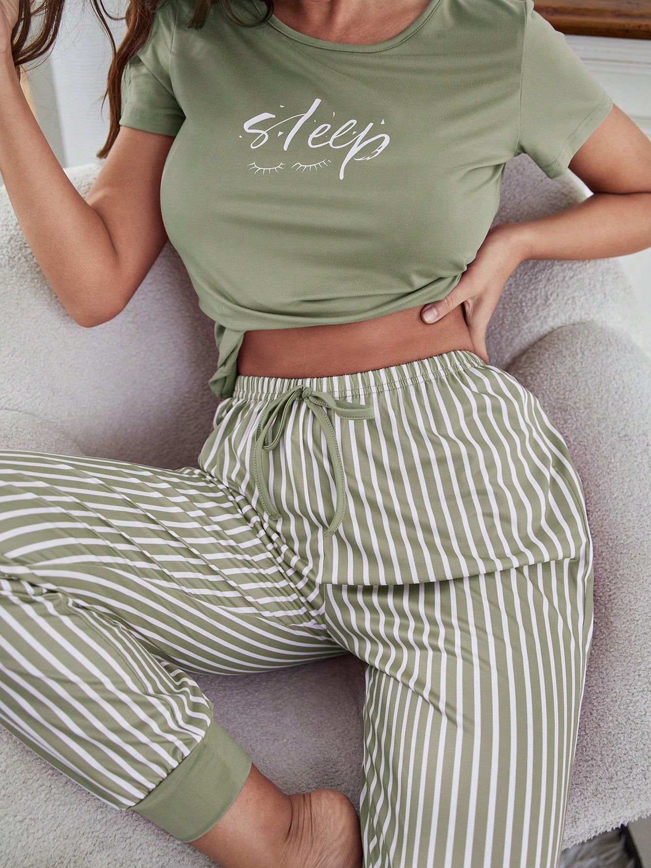 Eyelash & Letter Graphic Tee & Striped Pants PJ Set / Pajama Set