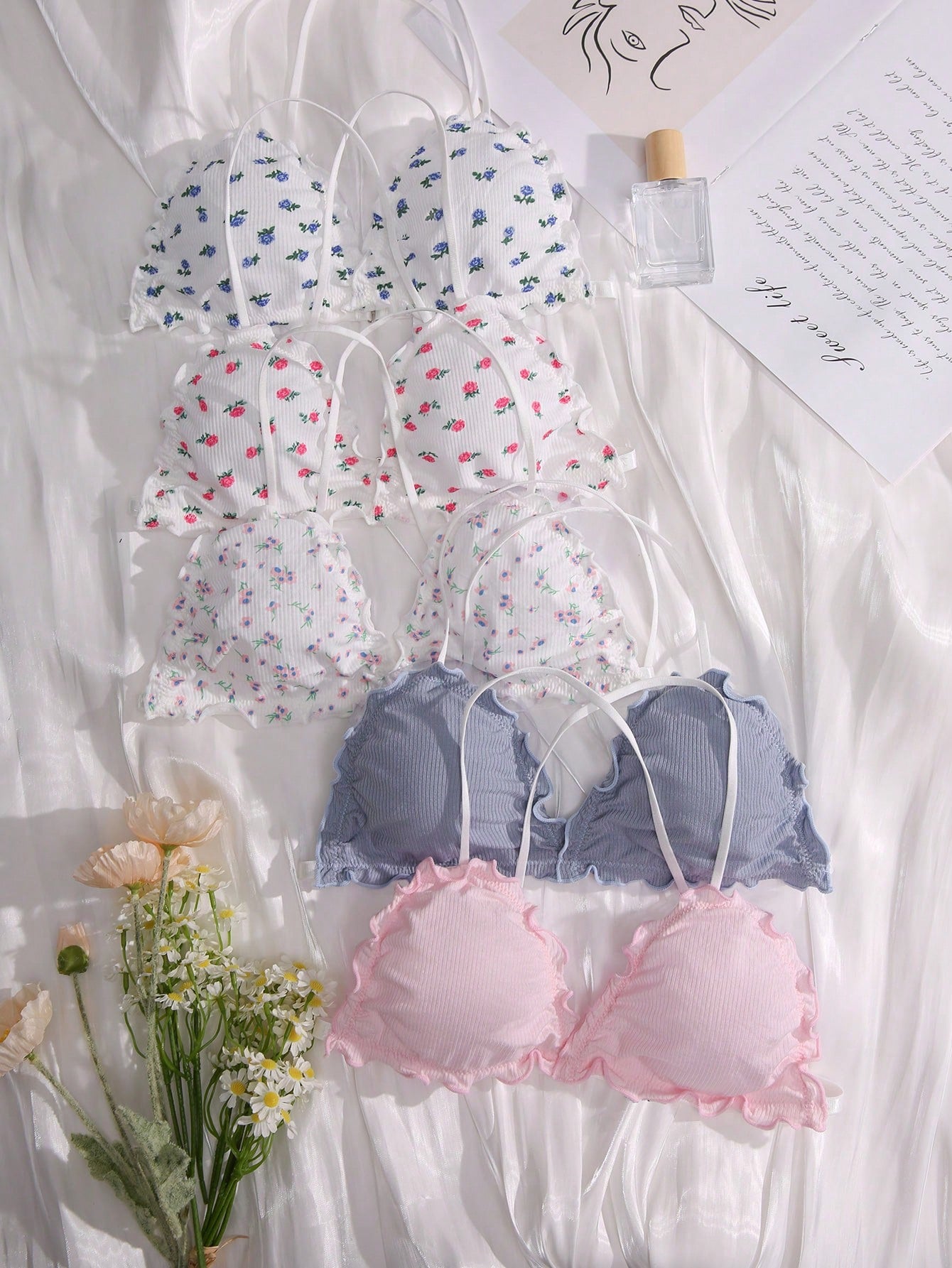 Eraneu 5pcs Ditsy Floral Print Lettuce Trim Bralette Lingerie