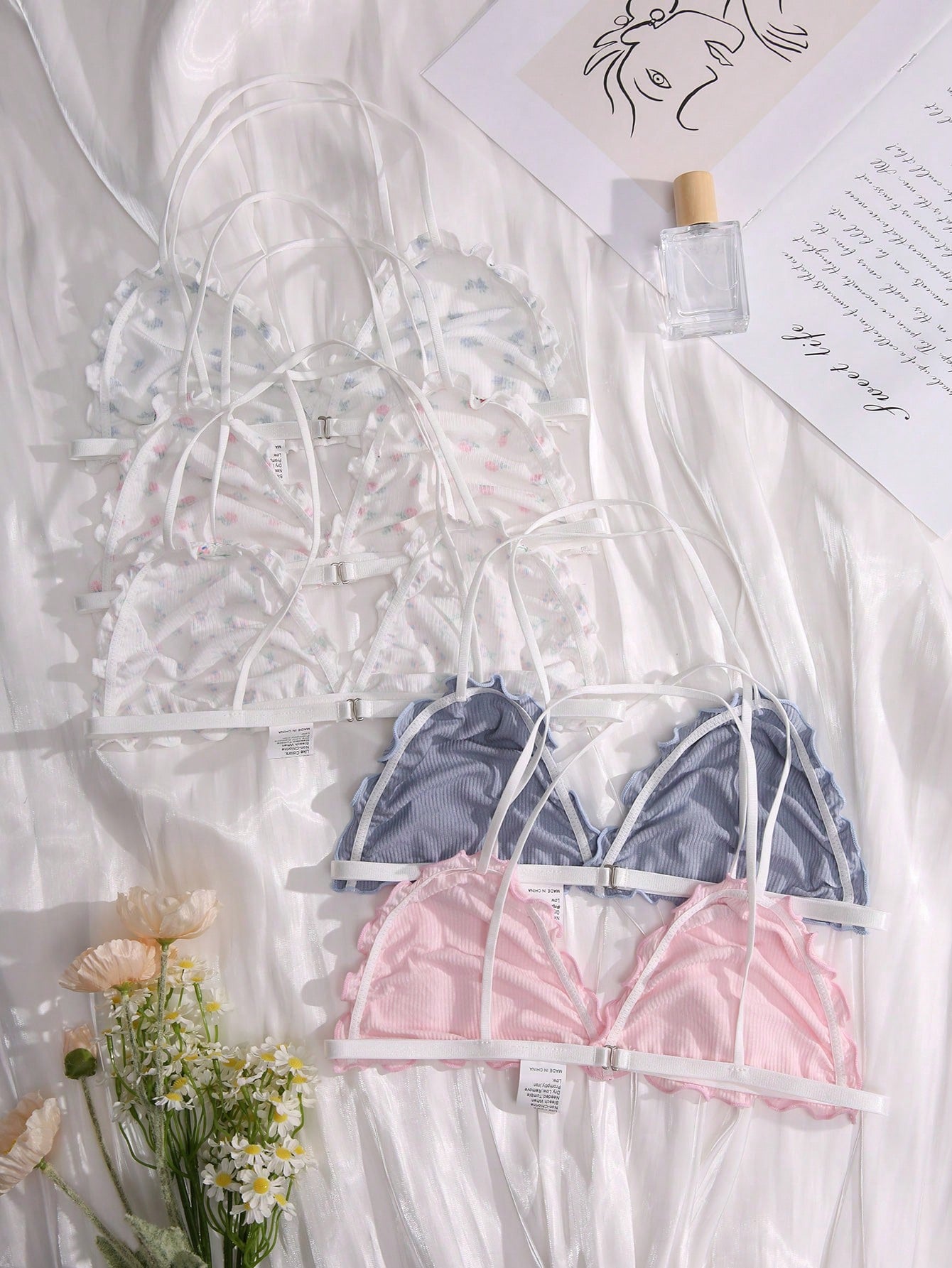 Eraneu 5pcs Ditsy Floral Print Lettuce Trim Bralette Lingerie