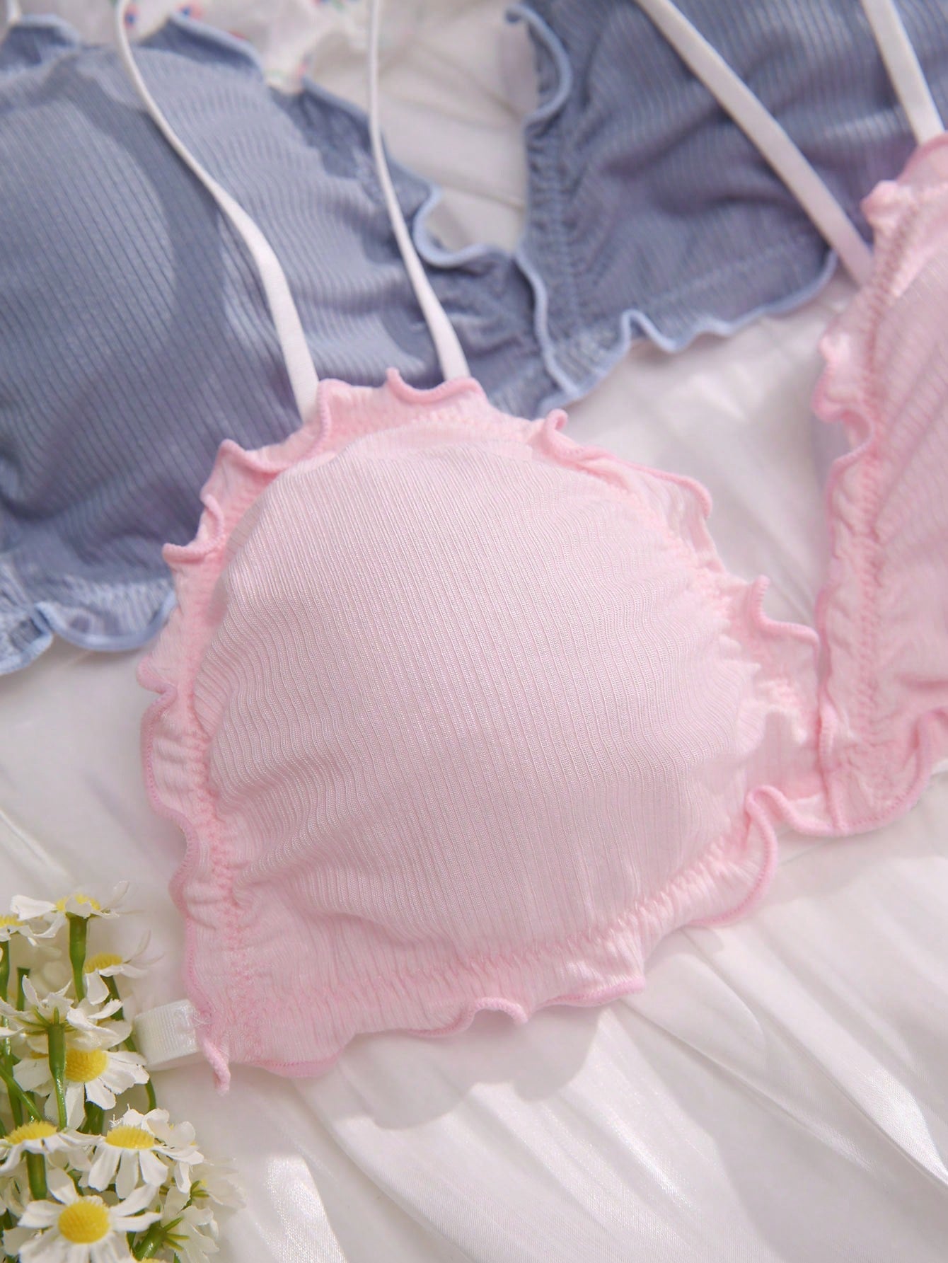 Eraneu 5pcs Ditsy Floral Print Lettuce Trim Bralette Lingerie