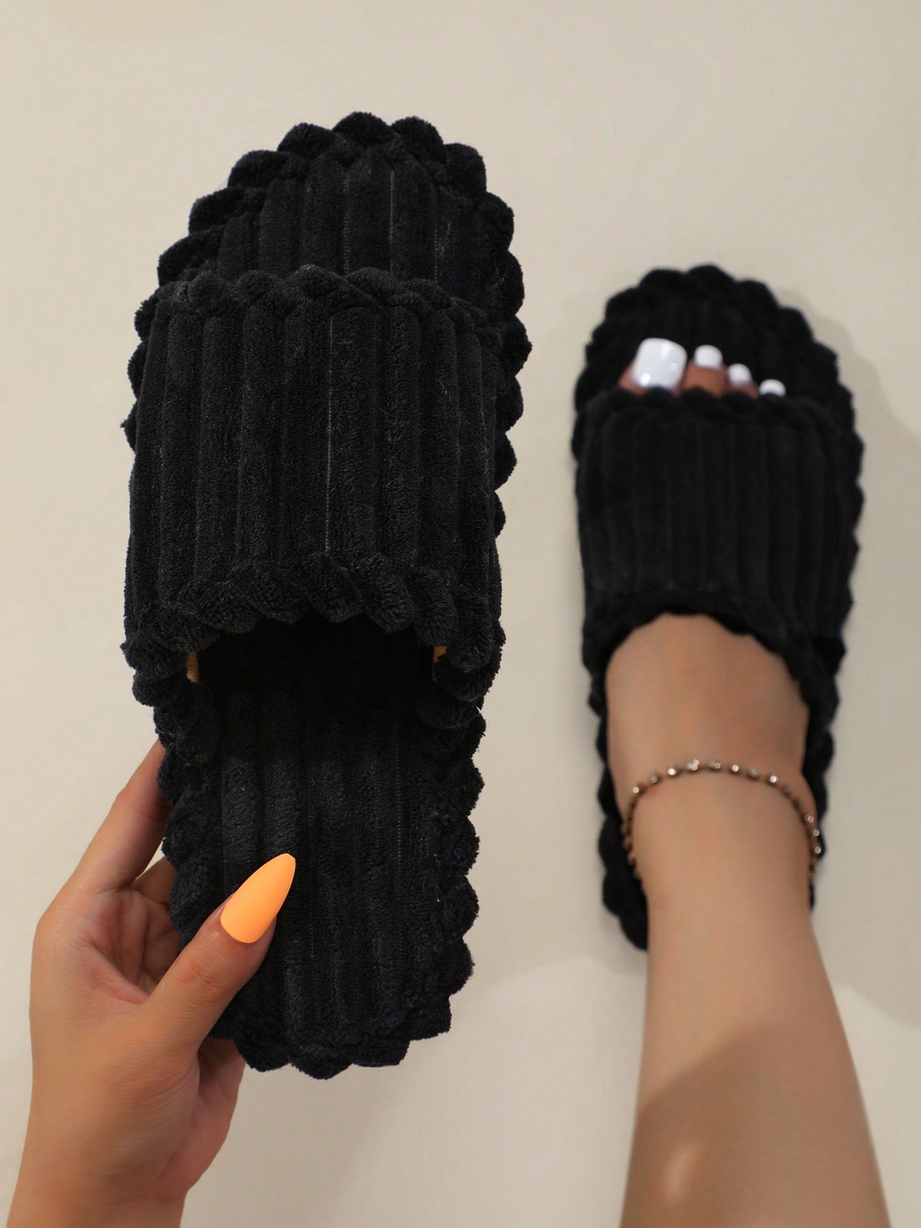 Women's Open Toe Thick Sole Fleece Lined Slippers, Warm House Shoes For Autumn And Winter