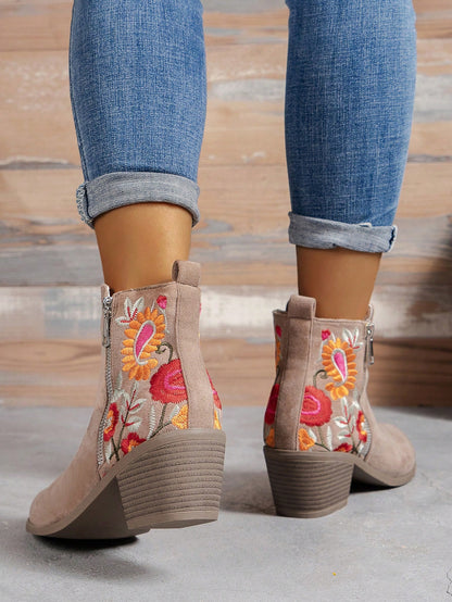 Styleloop Women's Fashionable Western Embroidered Chunky Heel Ankle Boots In Apricot, Fall Shoes For Christmas And New Year Holiday