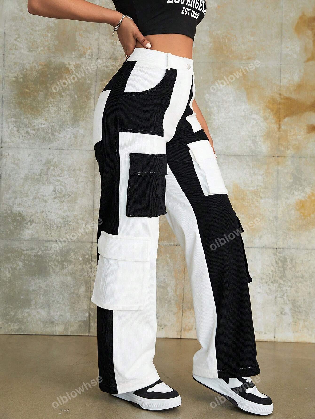 Y2K Street High Waist Colorblock Flap Pocket Cargo Corduroy Fall Pants