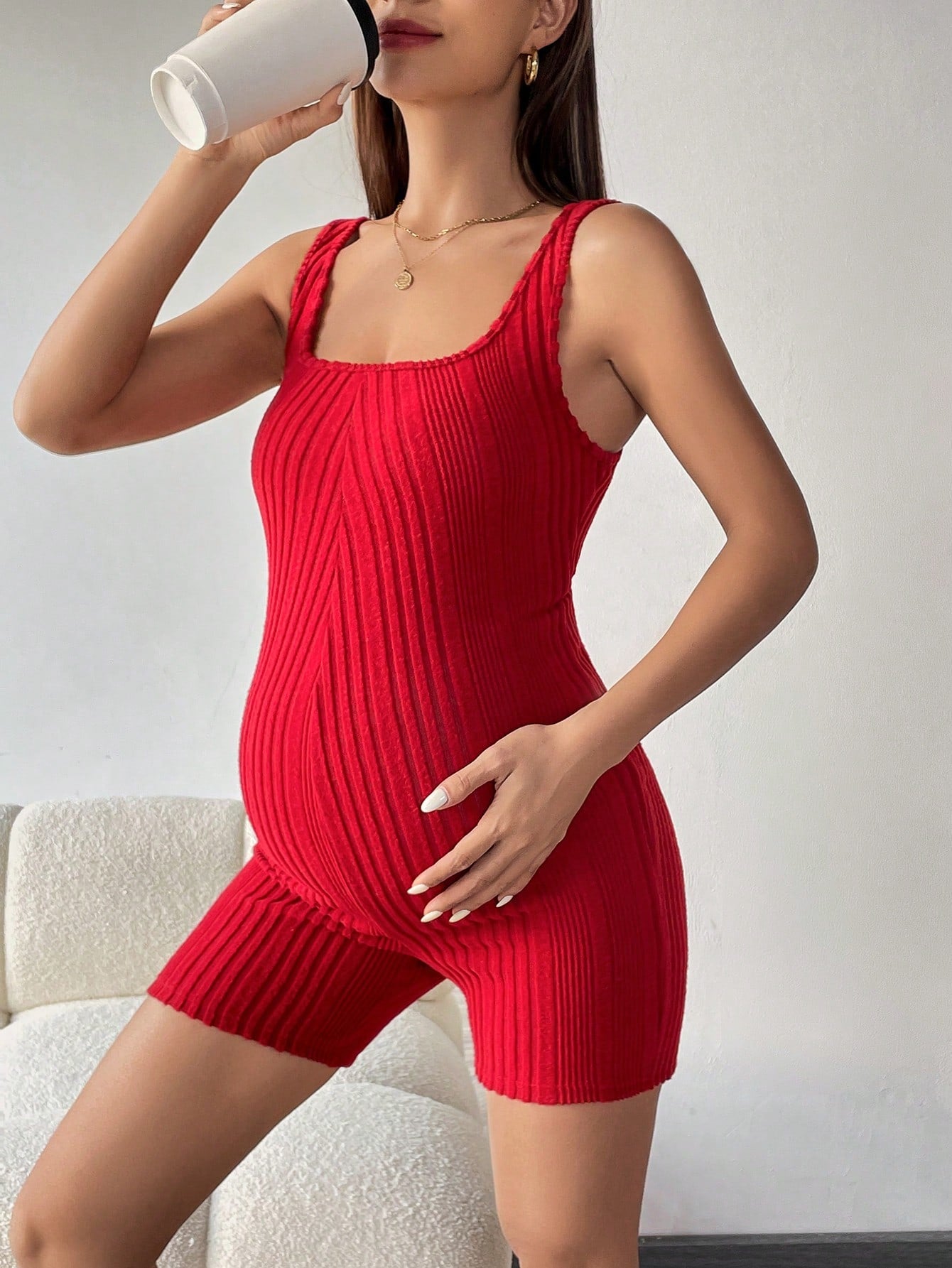 Maternity Ribbed Knit Unitard Romper