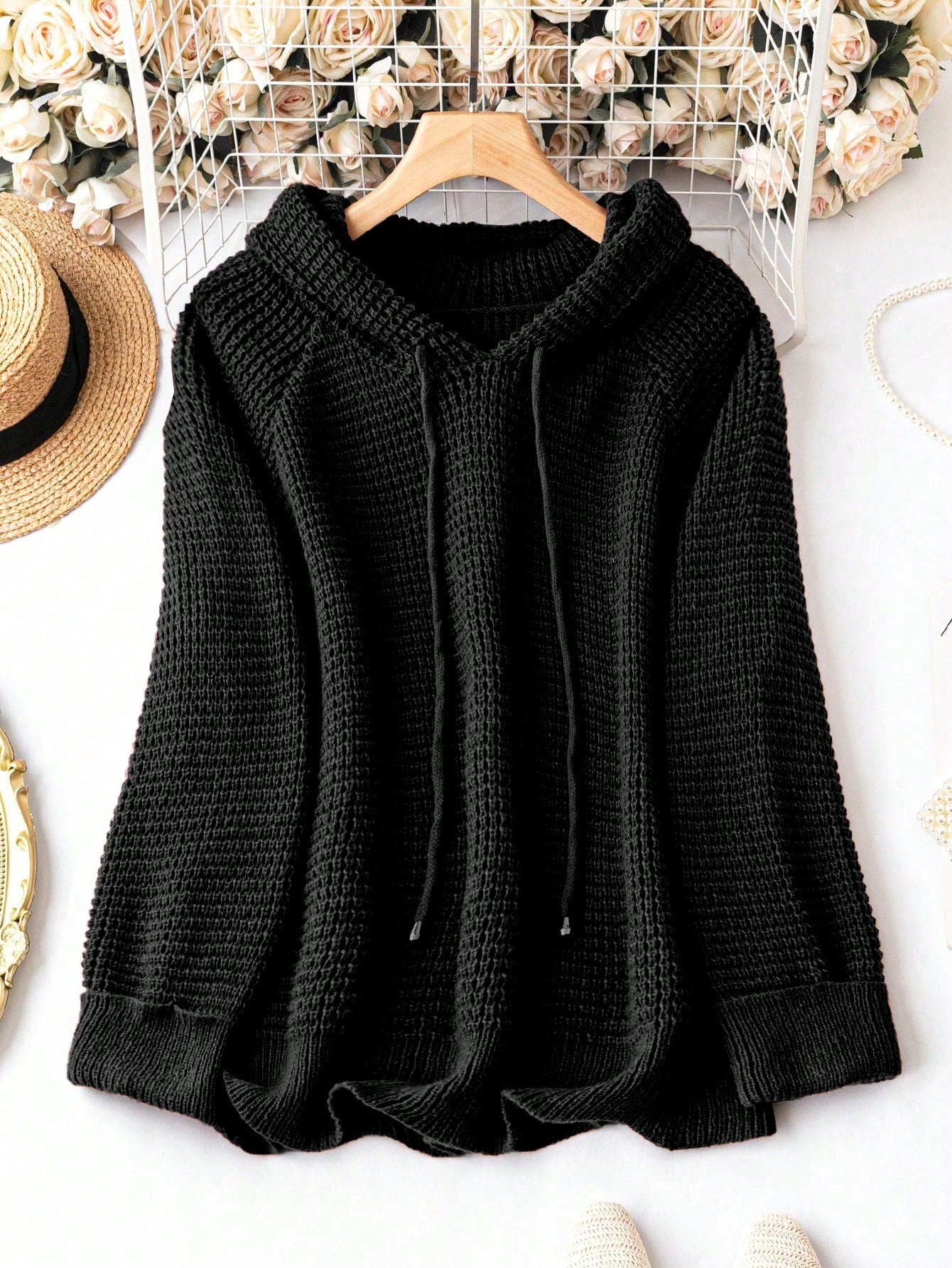 Plus Raglan Sleeve Drawstring Hooded Sweater, Winter