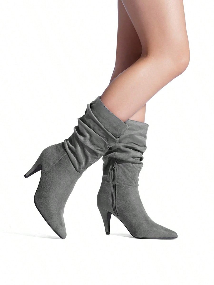 Women's Stiletto High Heel Pointed Toe Suede Mid Calf Boots For Fall/Winter, Classic Slouchy Soft Comfortable Boots