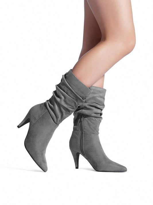 Women's Stiletto High Heel Pointed Toe Suede Mid Calf Boots For Fall/Winter, Classic Slouchy Soft Comfortable Boots
