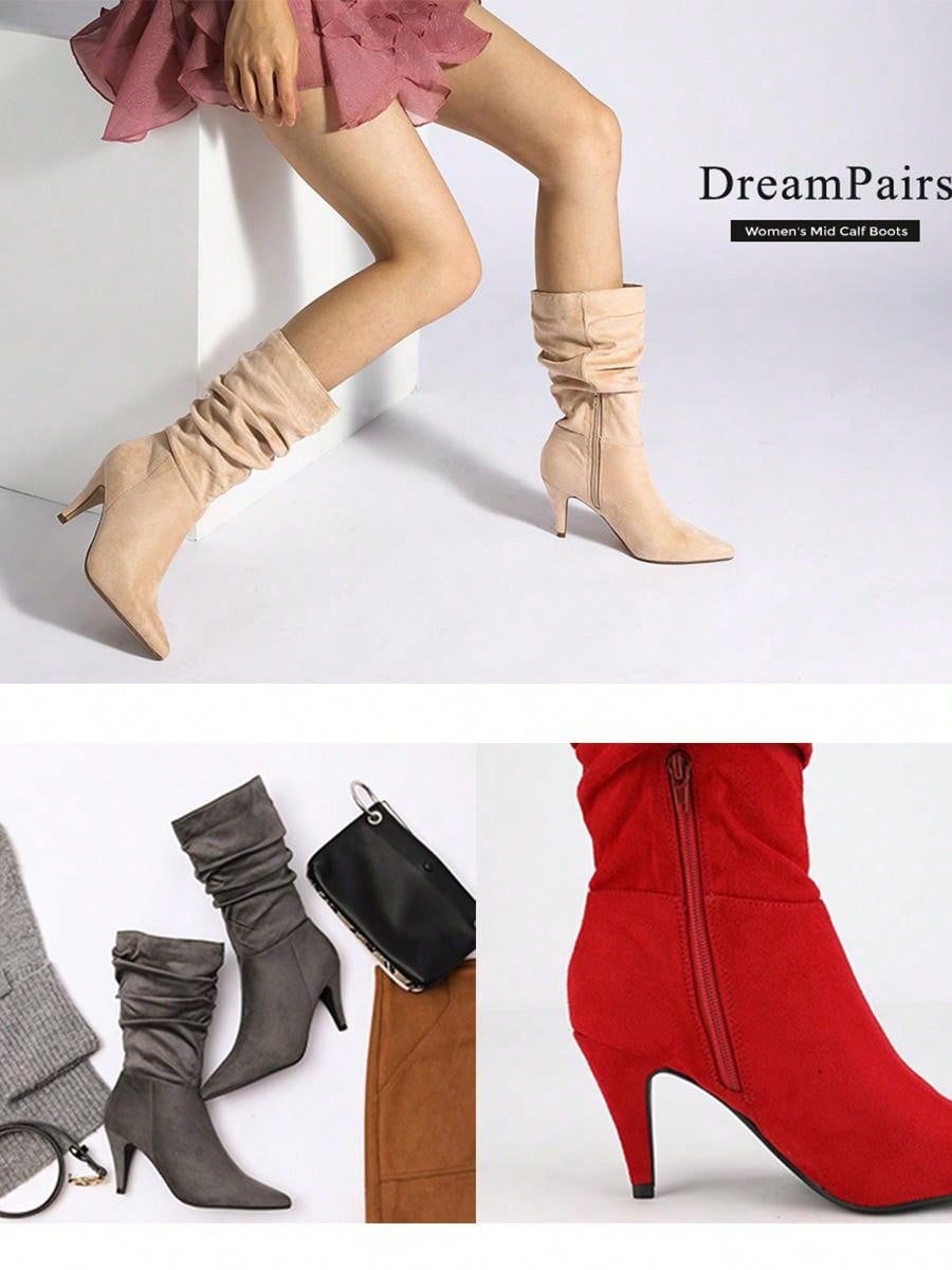 Women's Stiletto High Heel Pointed Toe Suede Mid Calf Boots For Fall/Winter, Classic Slouchy Soft Comfortable Boots