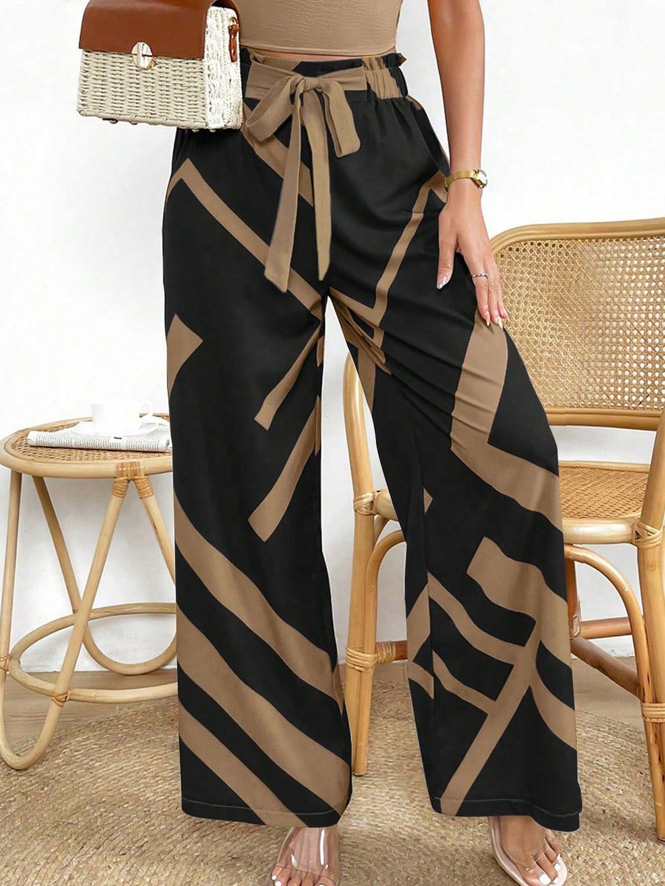 Raffinéa Geo Print Belted Wide Leg Pants