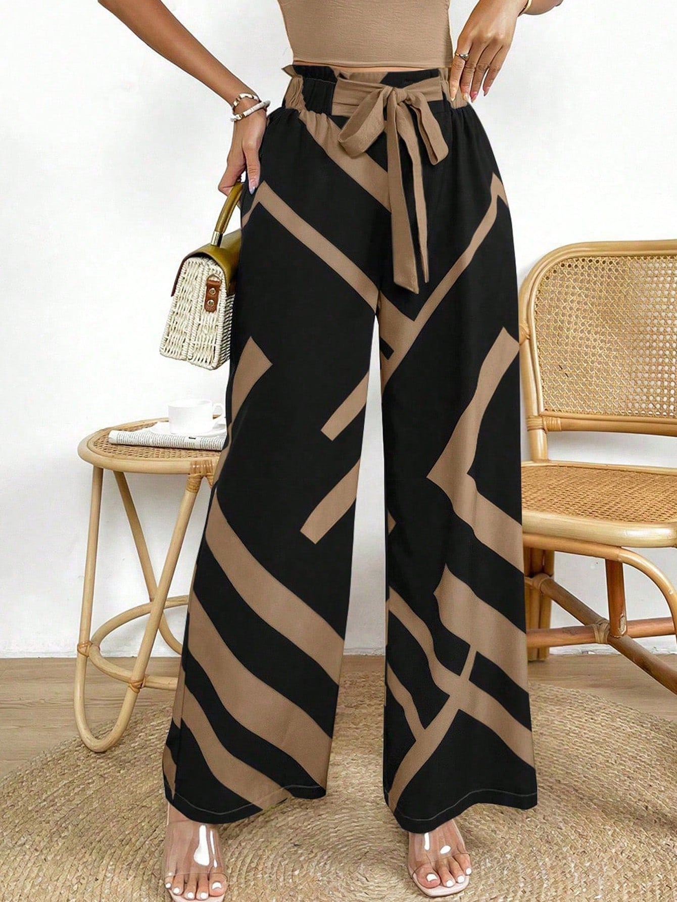Raffinéa Geo Print Belted Wide Leg Pants