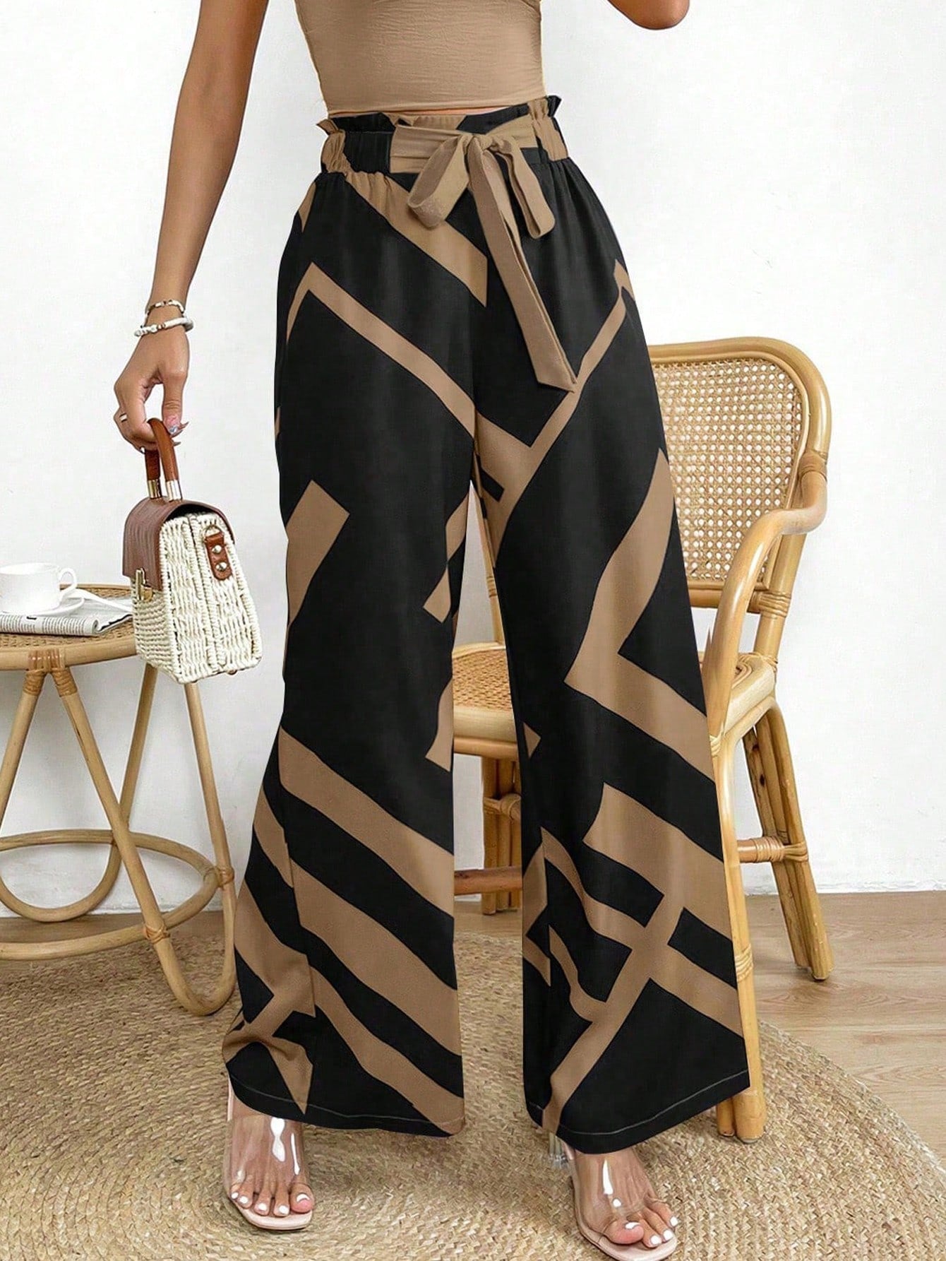 Raffinéa Geo Print Belted Wide Leg Pants