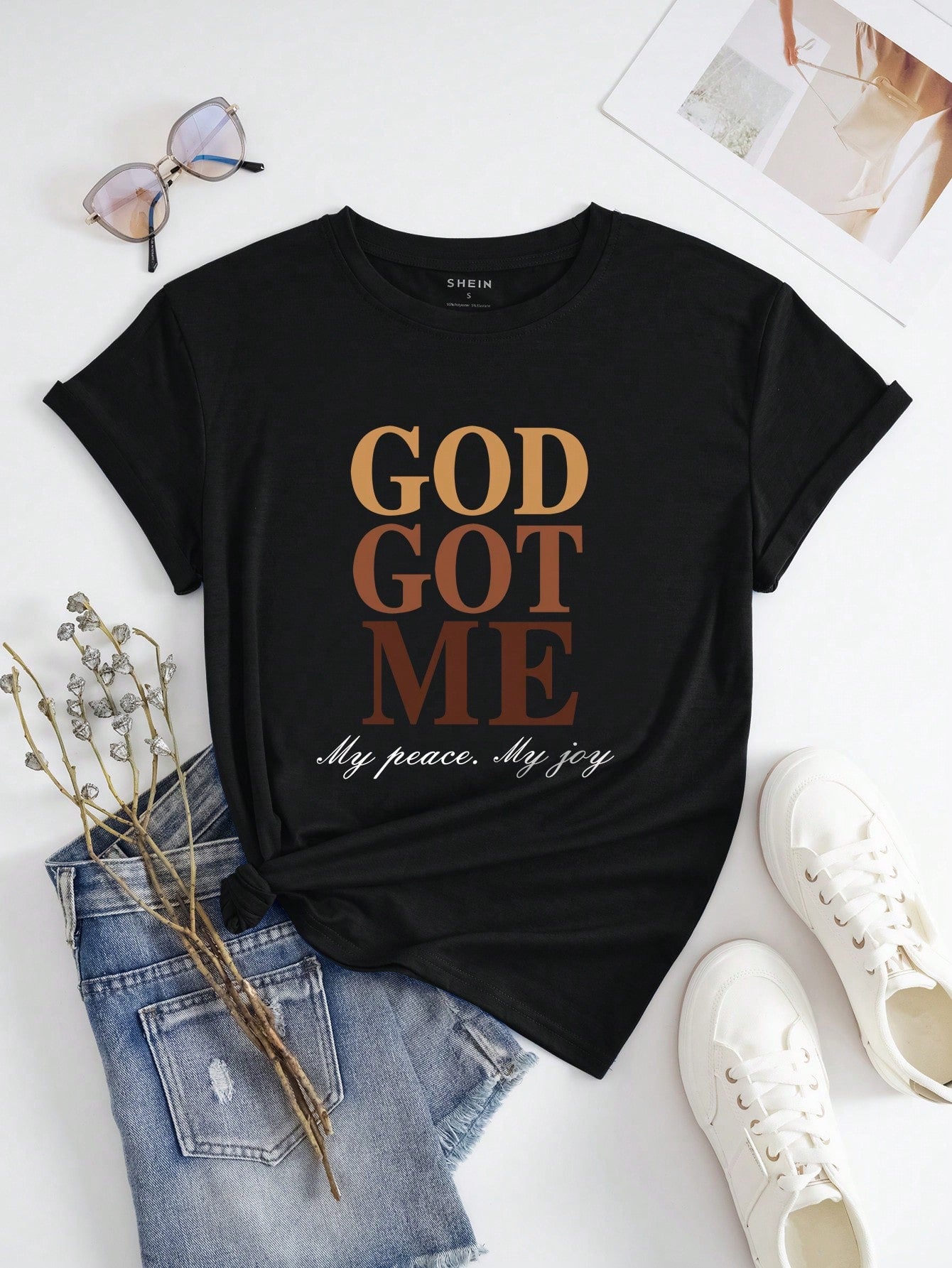 Slayr Slogan Graphic Drop Shoulder Tee GOD GOT ME My Peace My Joy Graphic Tees Women Tops