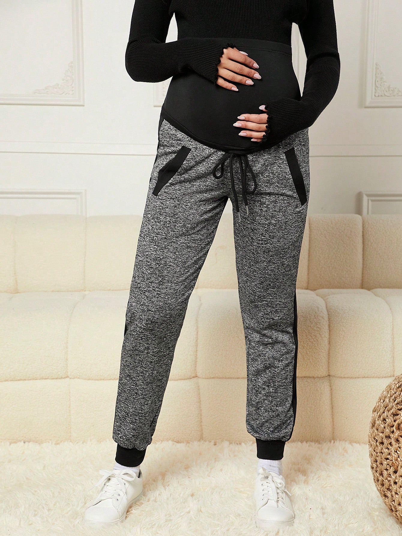 MaterniWear Maternity Drawstring Waist Contrast Side Seam Pants