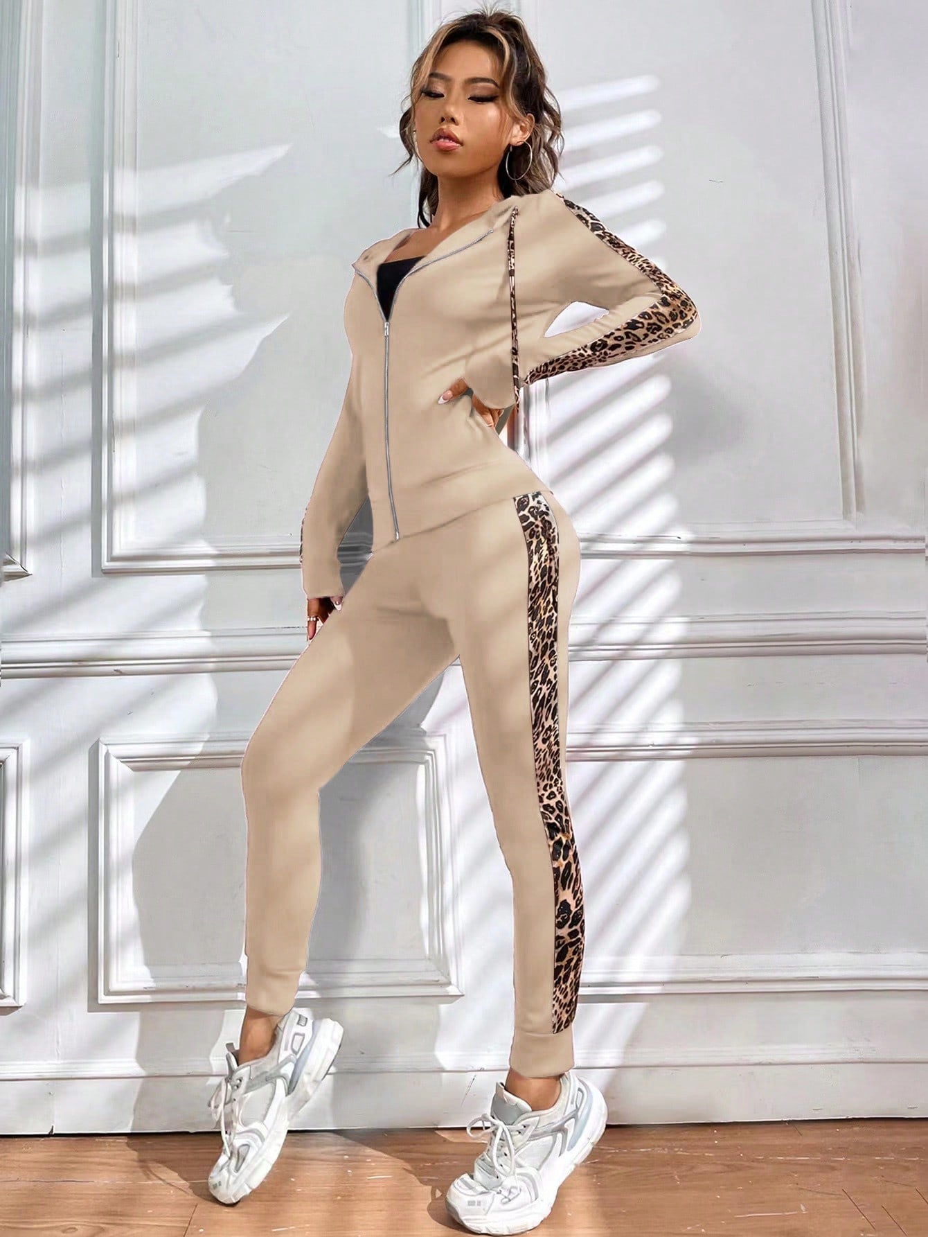 MOOSTA Leopard Print Side Seam Drawstring Zip Up Hoodie & Sweatpants