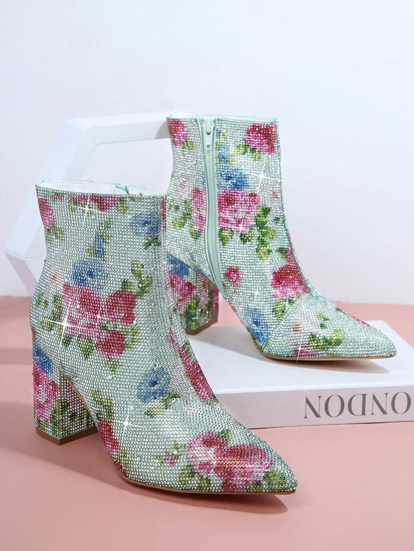 SHUZIA Floral Print Pointy Toe Chunky Heel Booties