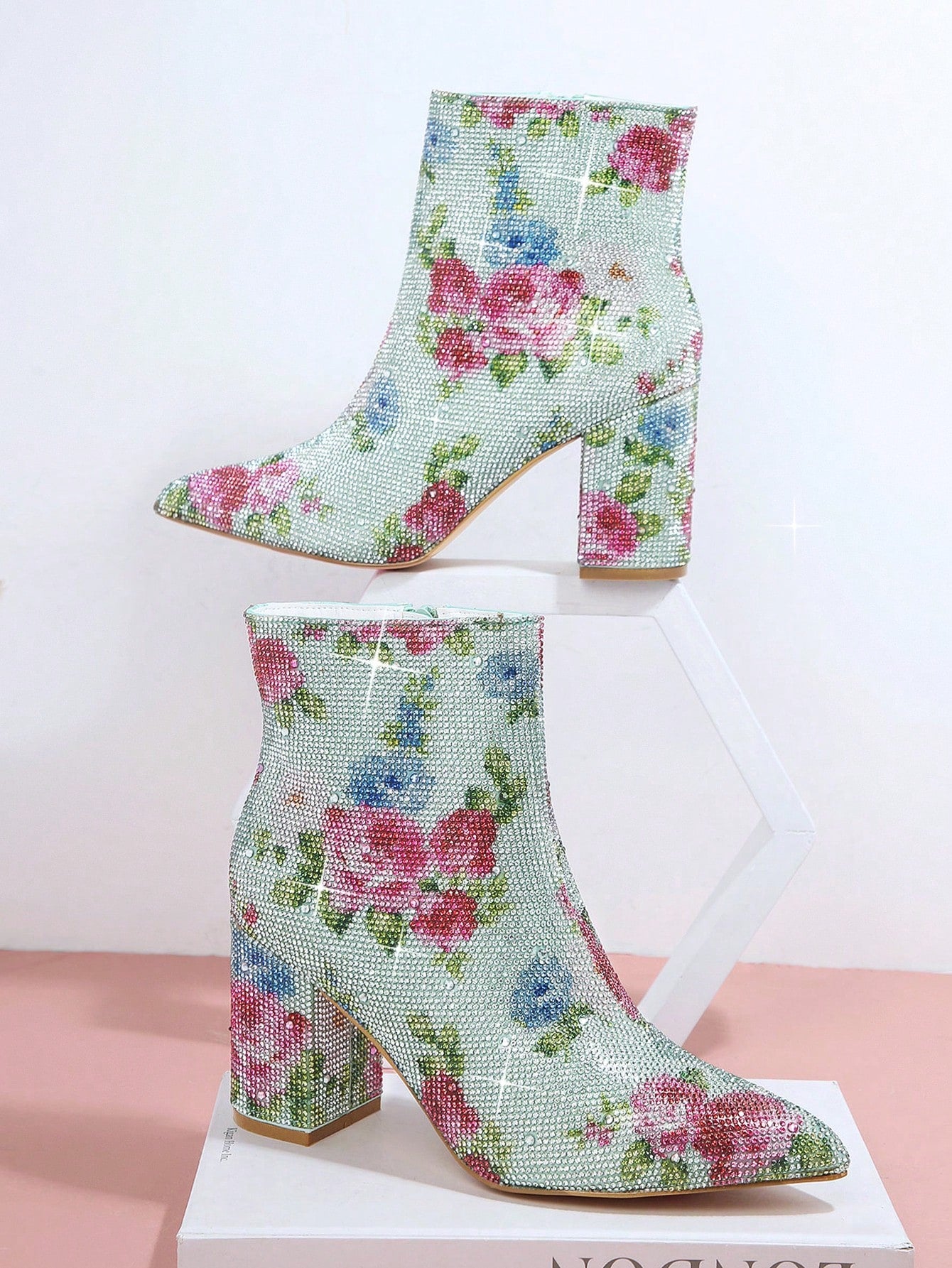 SHUZIA Floral Print Pointy Toe Chunky Heel Booties