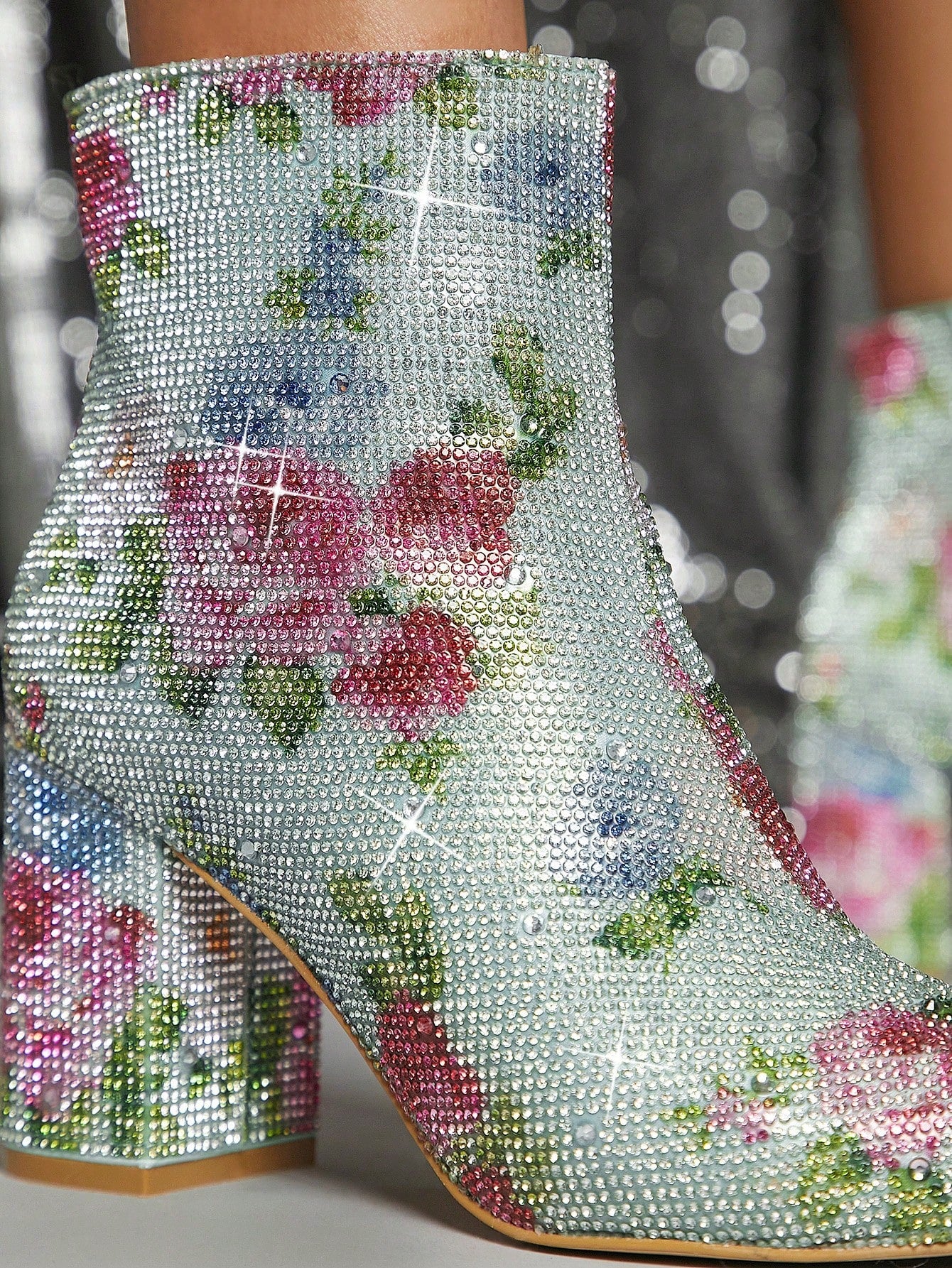 SHUZIA Floral Print Pointy Toe Chunky Heel Booties