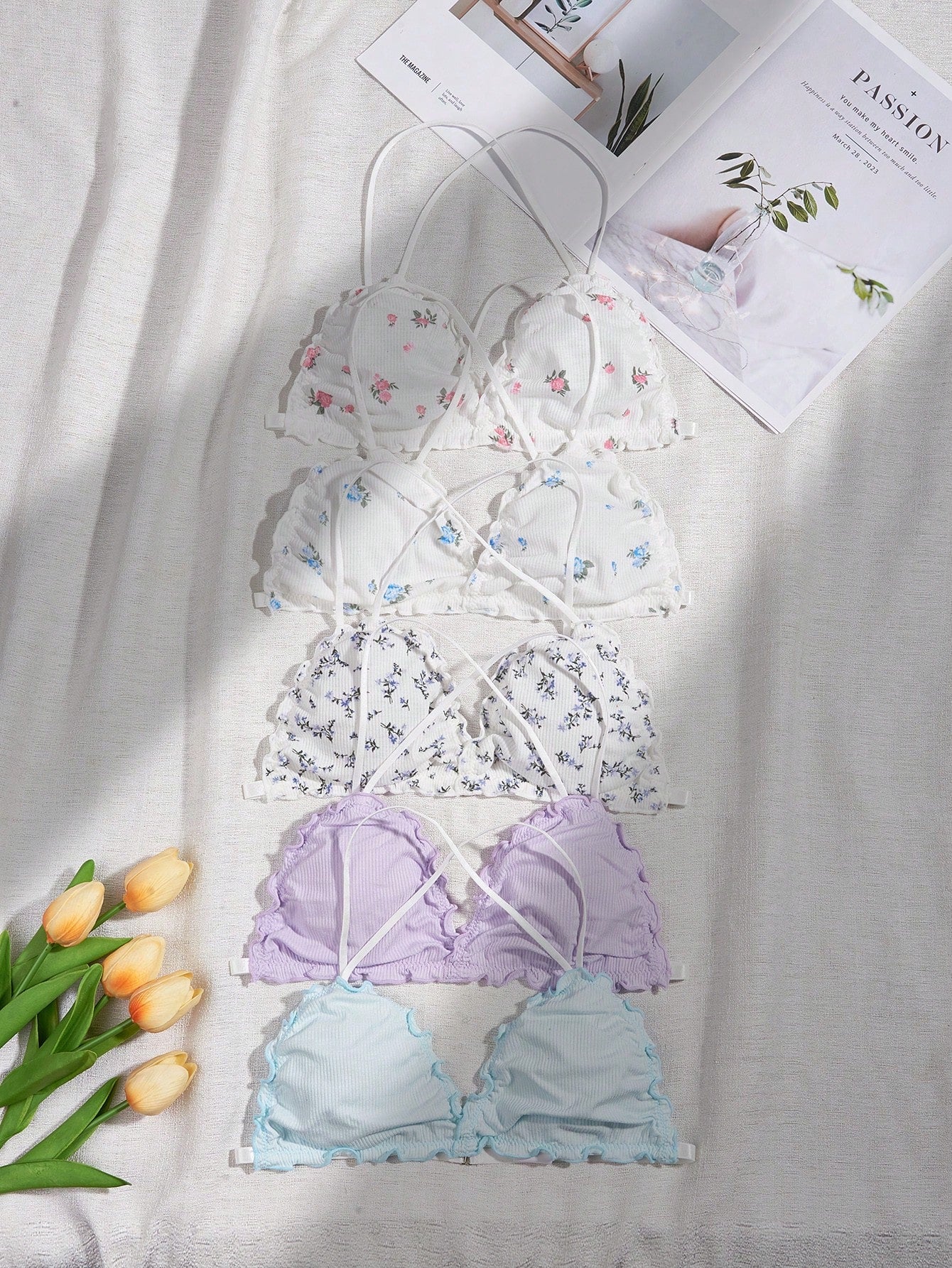 Eraneu 5pcs Ditsy Floral Print Lettuce Trim Bralette Lingerie