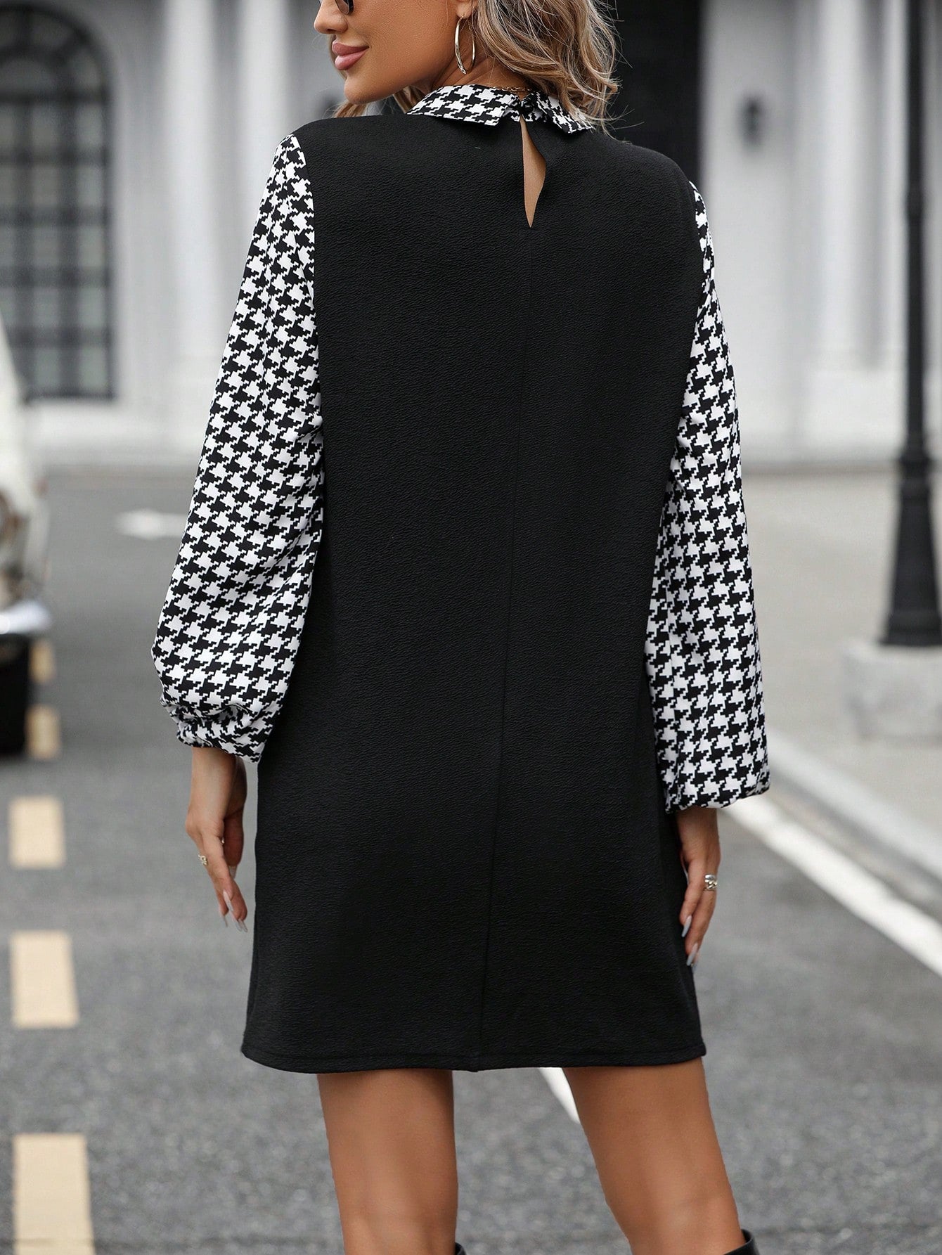 Clasi Houndstooth Print Lantern Sleeve 2 In 1 Dress