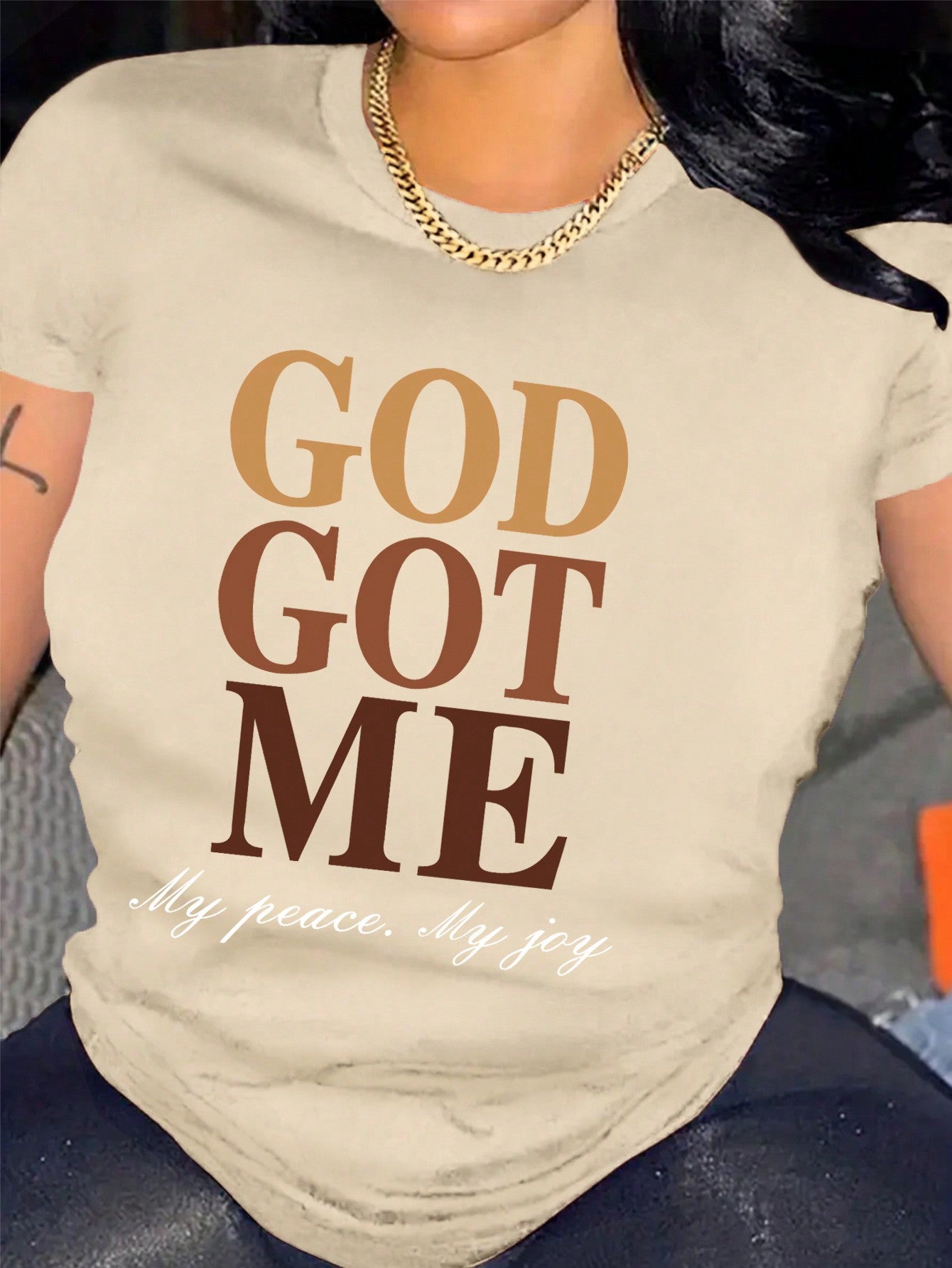Slayr Slogan Graphic Drop Shoulder Tee GOD GOT ME My Peace My Joy Graphic Tees Women Tops