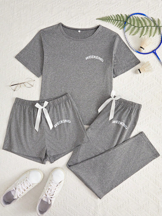 Letter Graphic Tee & Bow Front Shorts & Pants PJ Set / Pajama Set