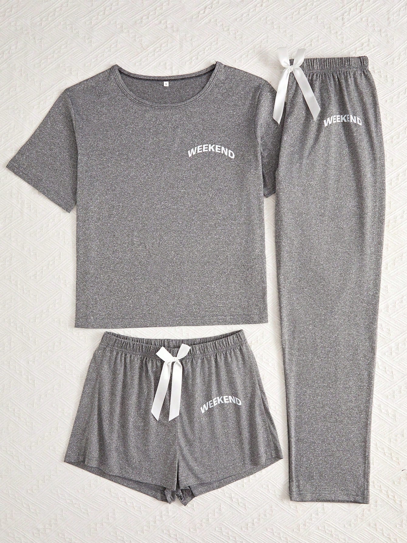 Letter Graphic Tee & Bow Front Shorts & Pants PJ Set / Pajama Set