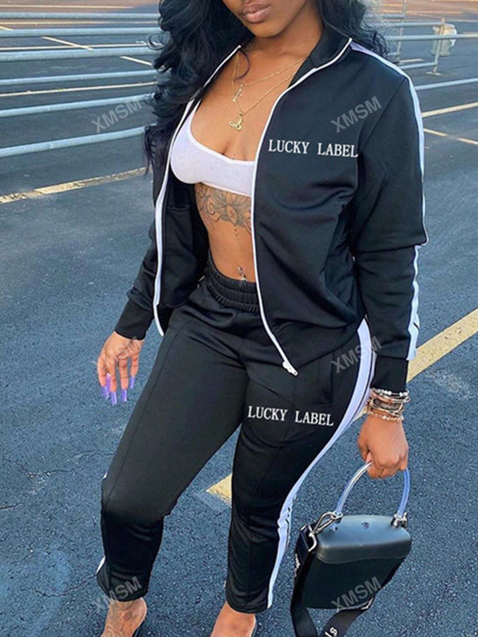 Letter Embroidery Zipper Sports Two Piece Set