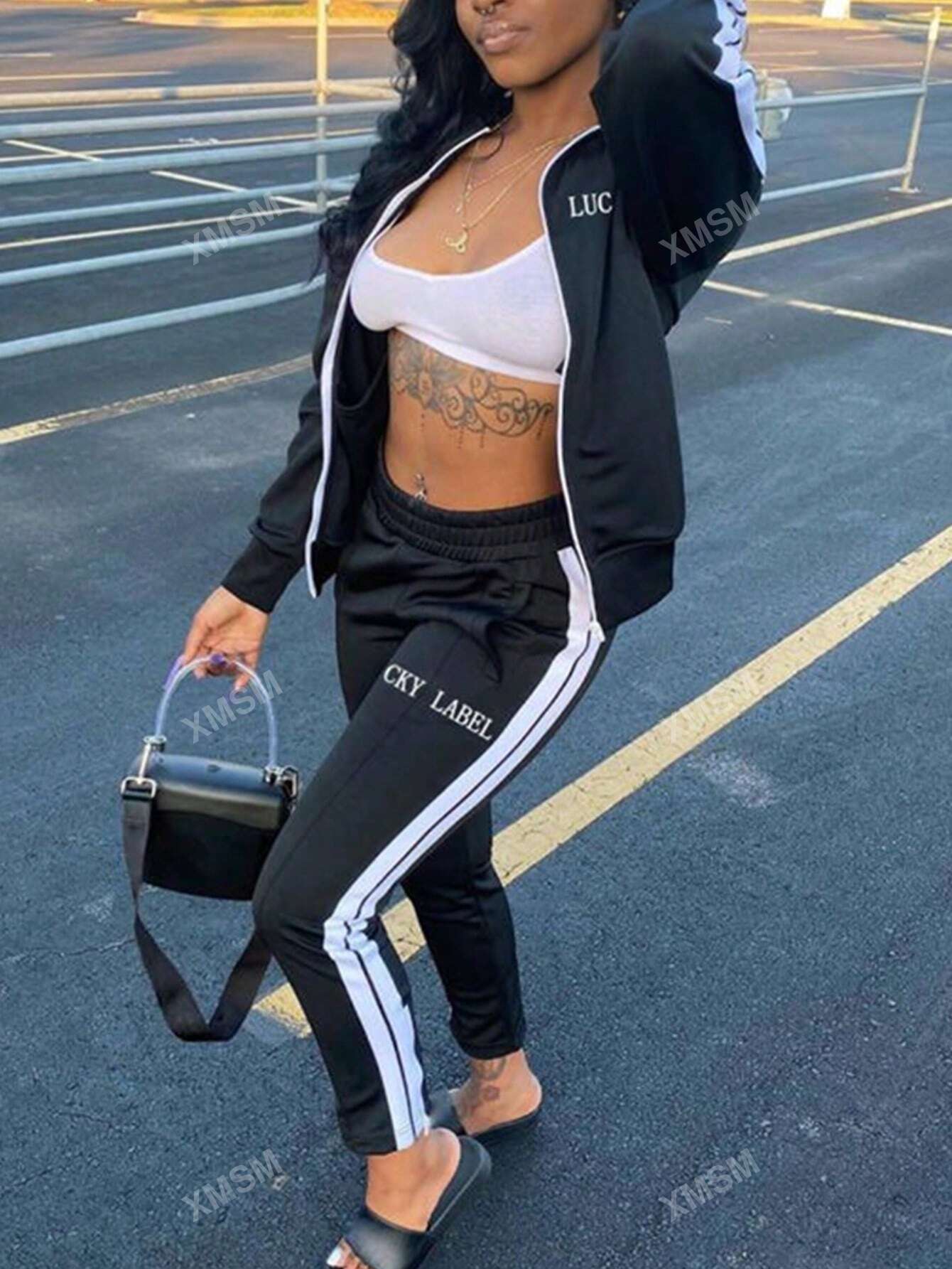 Letter Embroidery Zipper Sports Two Piece Set