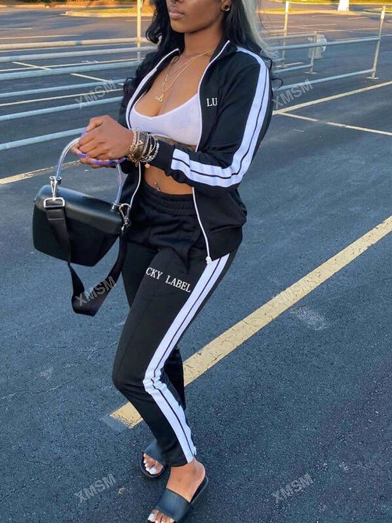 Letter Embroidery Zipper Sports Two Piece Set