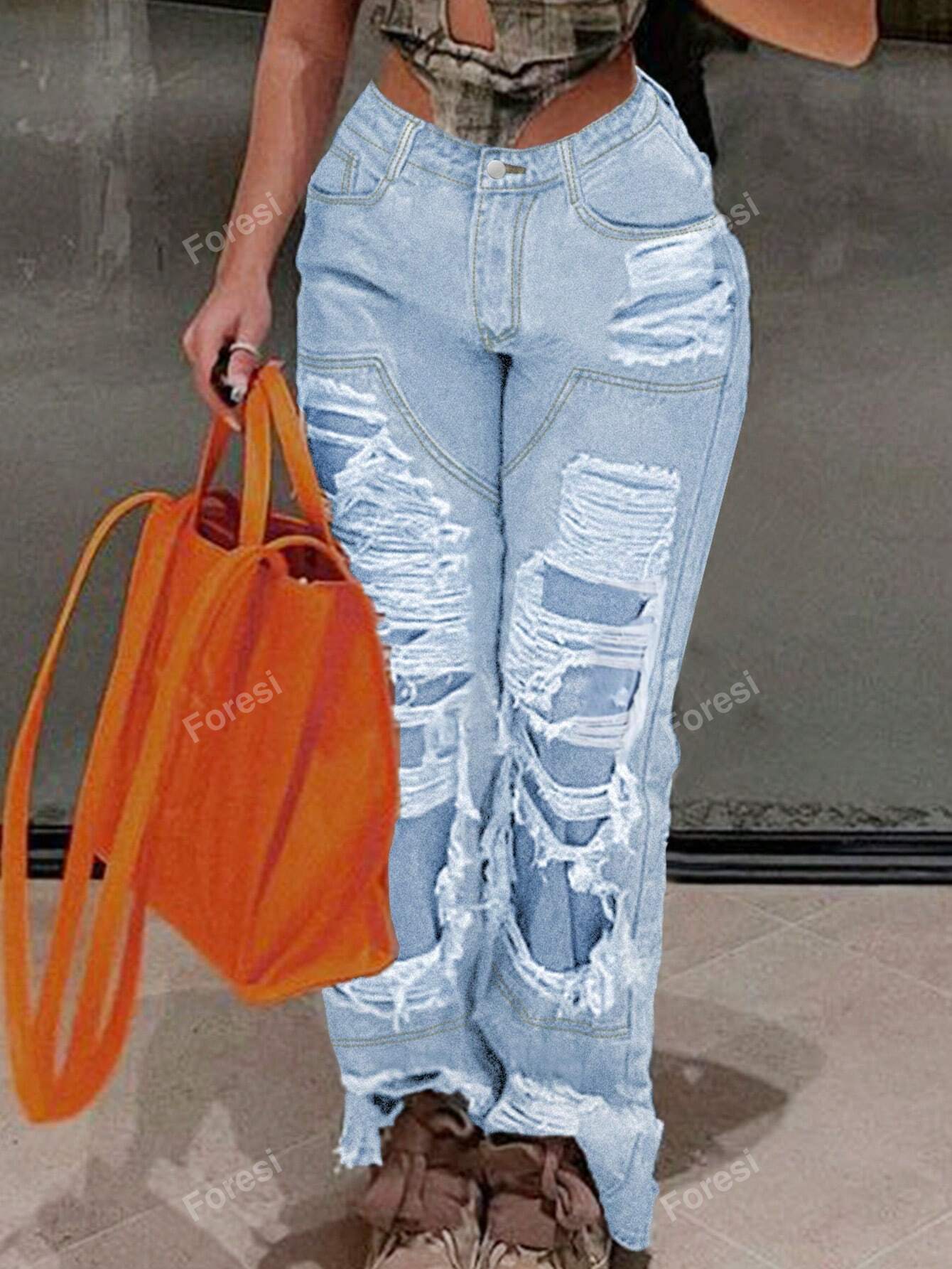 Women Street Style Double-Layered Ripped Straight-Leg Jeans