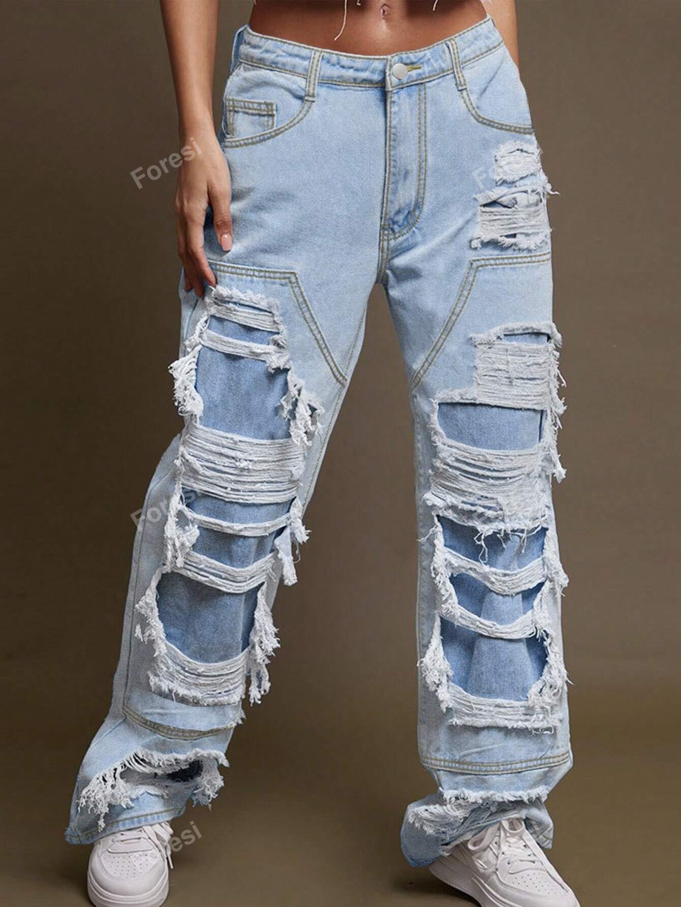 Women Street Style Double-Layered Ripped Straight-Leg Jeans