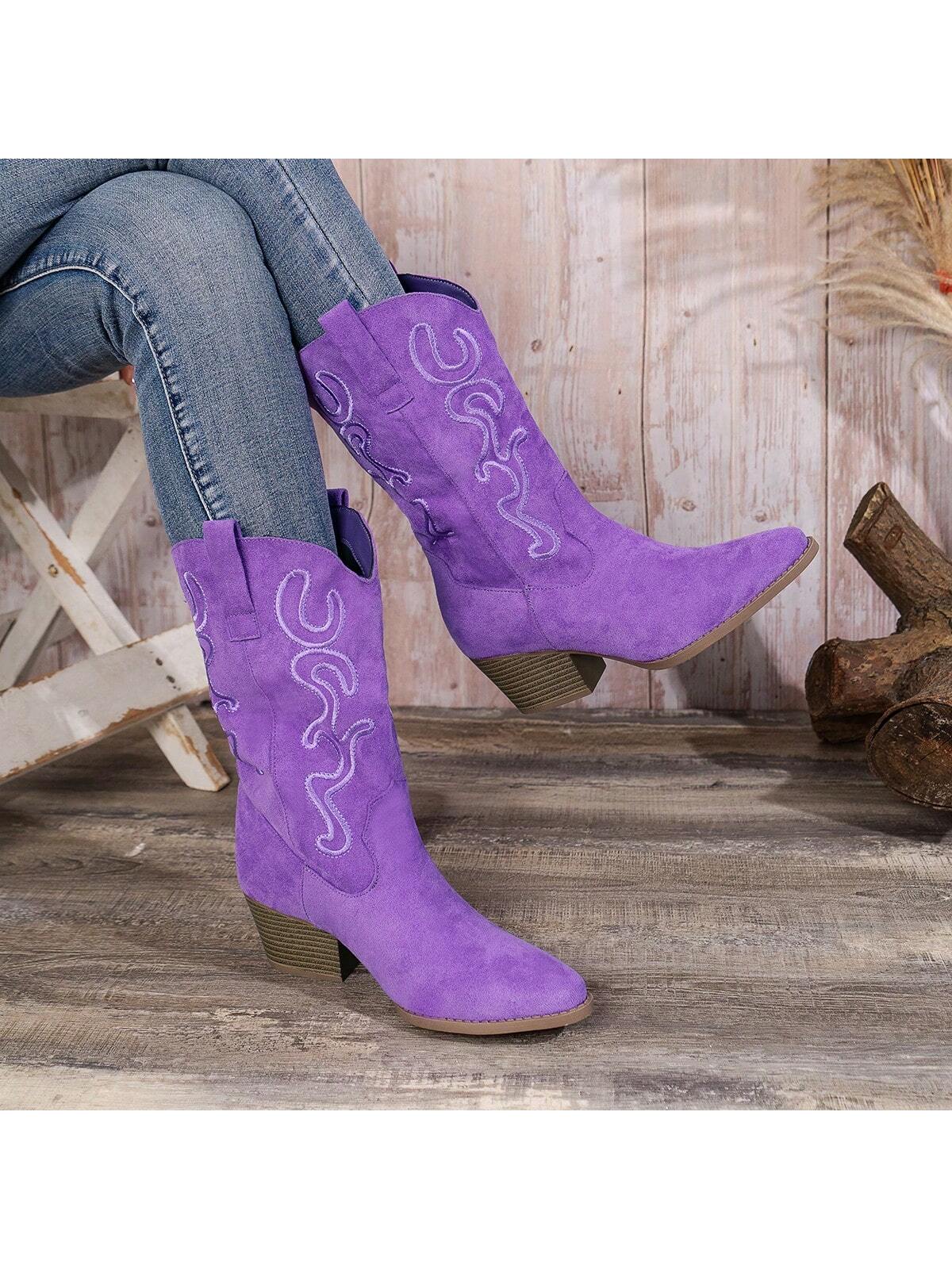 Fashionable Women Embroidered Wedge Heel Western Slip-On Mid-Calf Boots