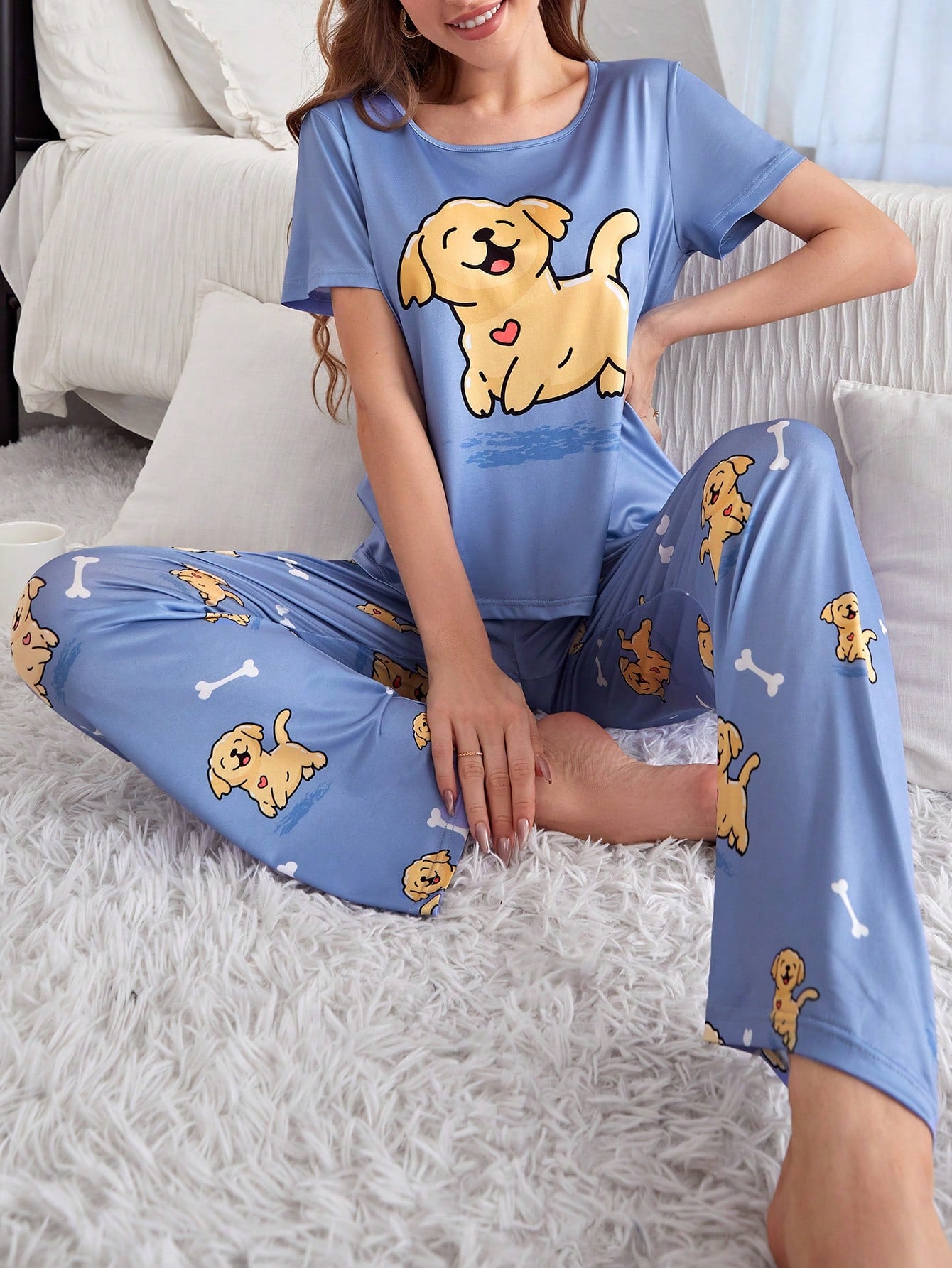 Women's Cartoon Dog Pattern Short Sleeve Long Pants Pajamas Set