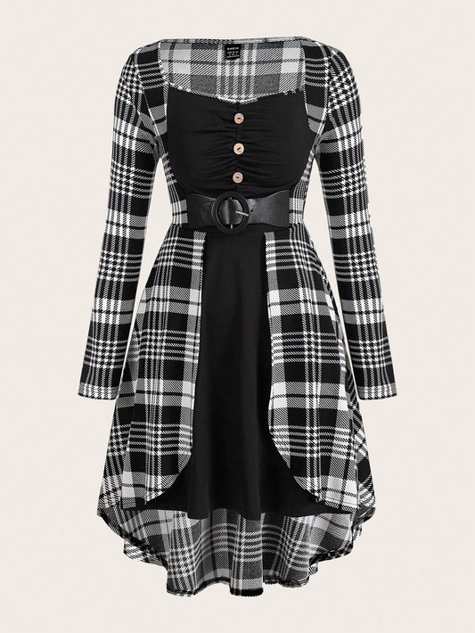 Unity Plaid Print Button Front PU Leather Buckle Strap Detail Dress