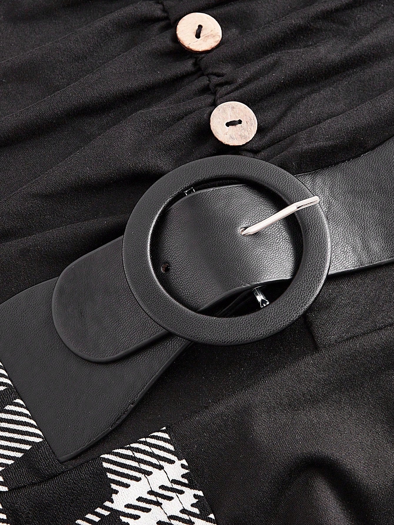 Unity Plaid Print Button Front PU Leather Buckle Strap Detail Dress