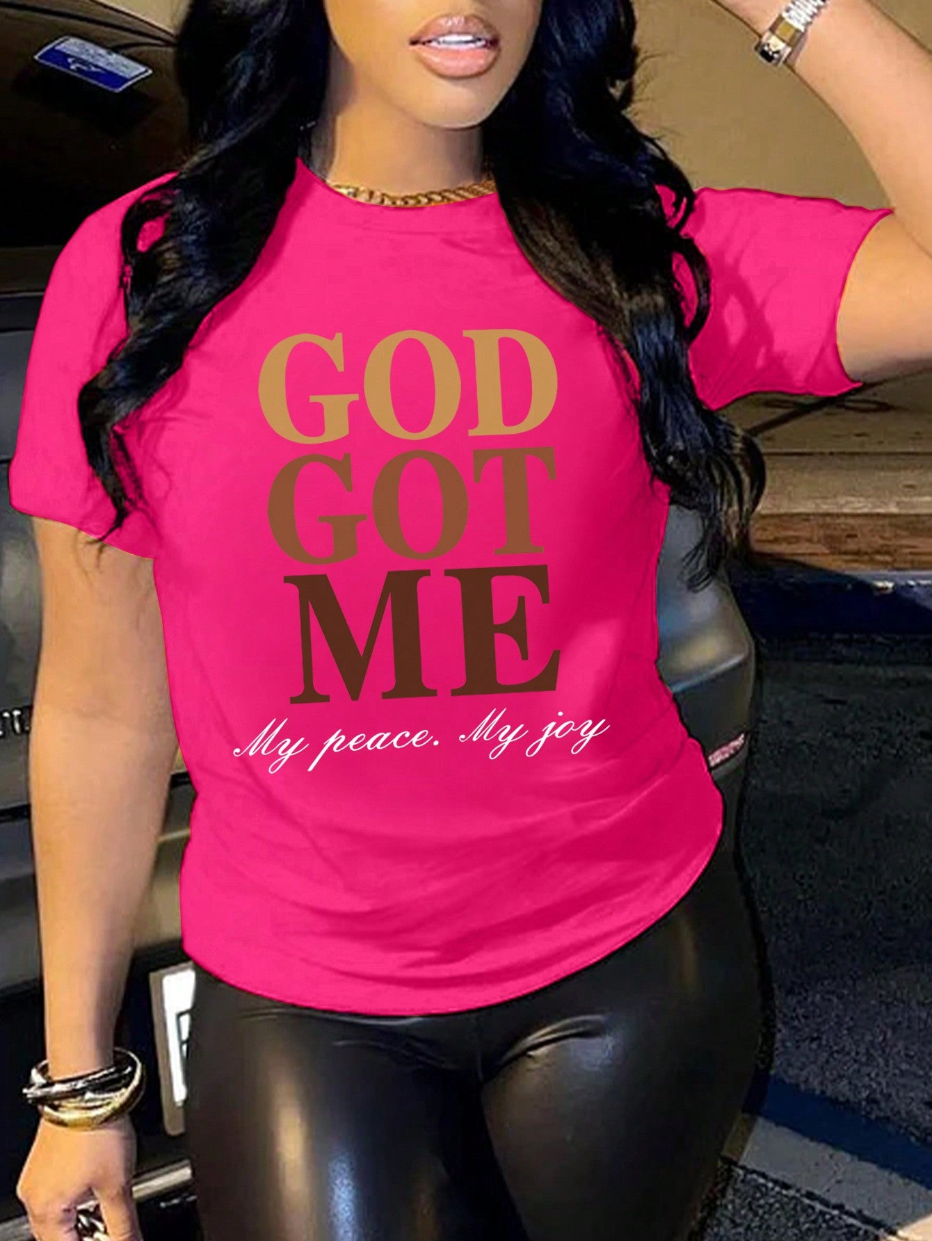 Slayr Slogan Graphic Drop Shoulder Tee GOD GOT ME My Peace My Joy Graphic Tees Women Tops