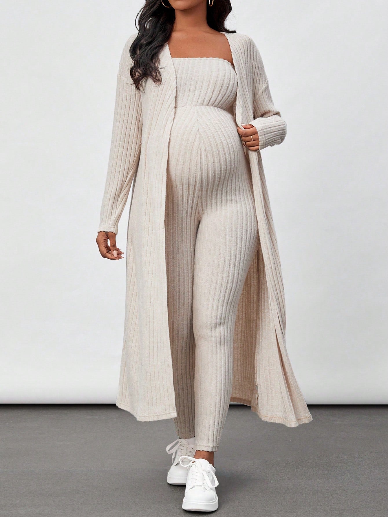Maternity Ribbed Knit Tube Jumpsuit And Open Front Coat Two Piece Set