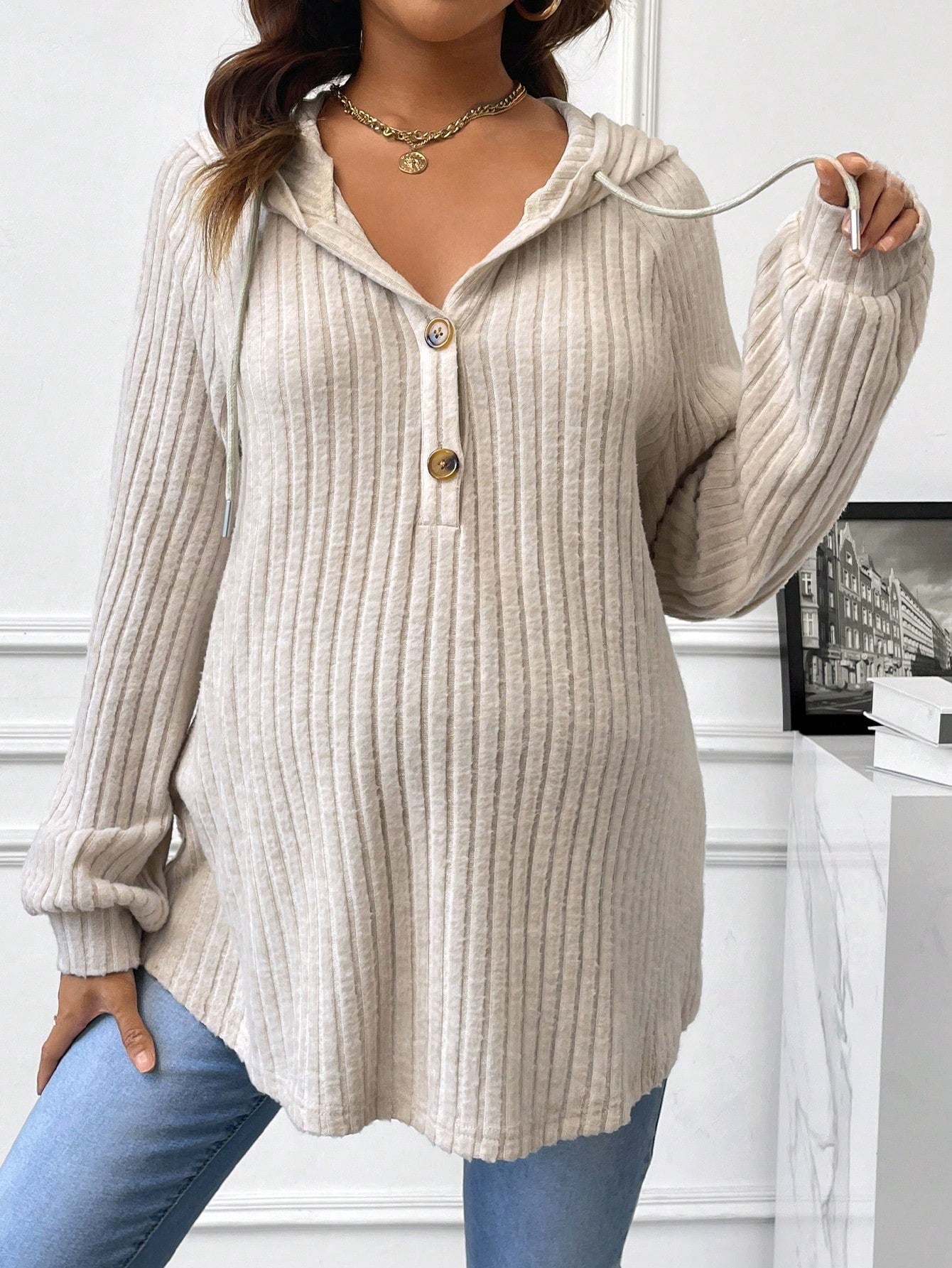Maternity Buttoned Half Placket Drawstring Hoodie With Ribbed Details And Raglan Sleeves, For Winter