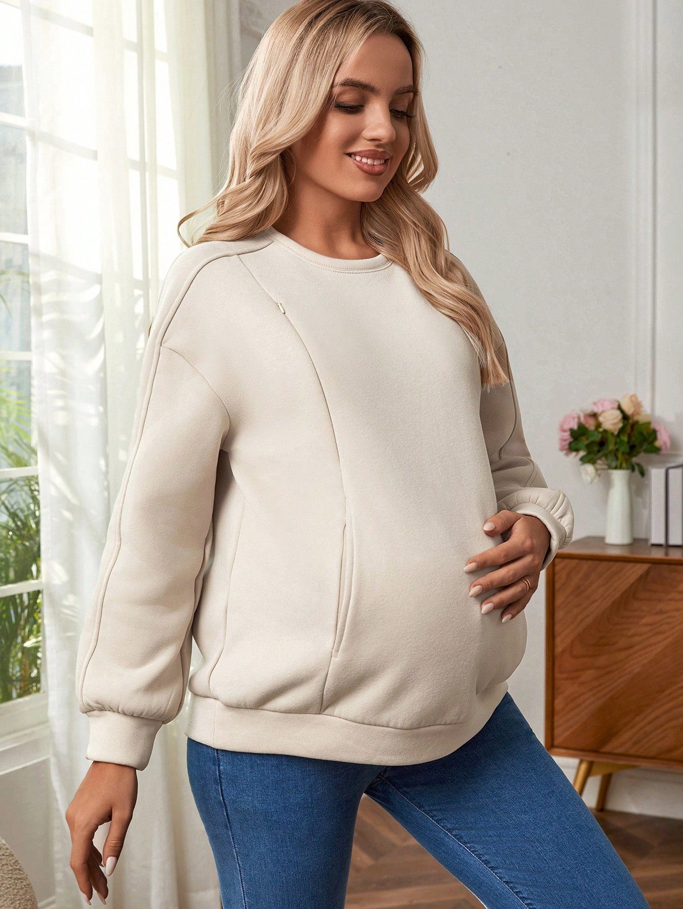 Maternity Breastfeeding Drop Shoulder Sweatshirt With Long Sleeve