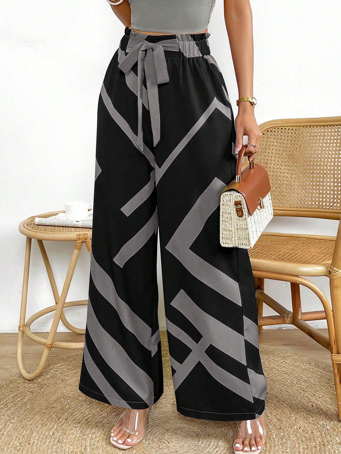 Raffinéa Geo Print Belted Wide Leg Pants