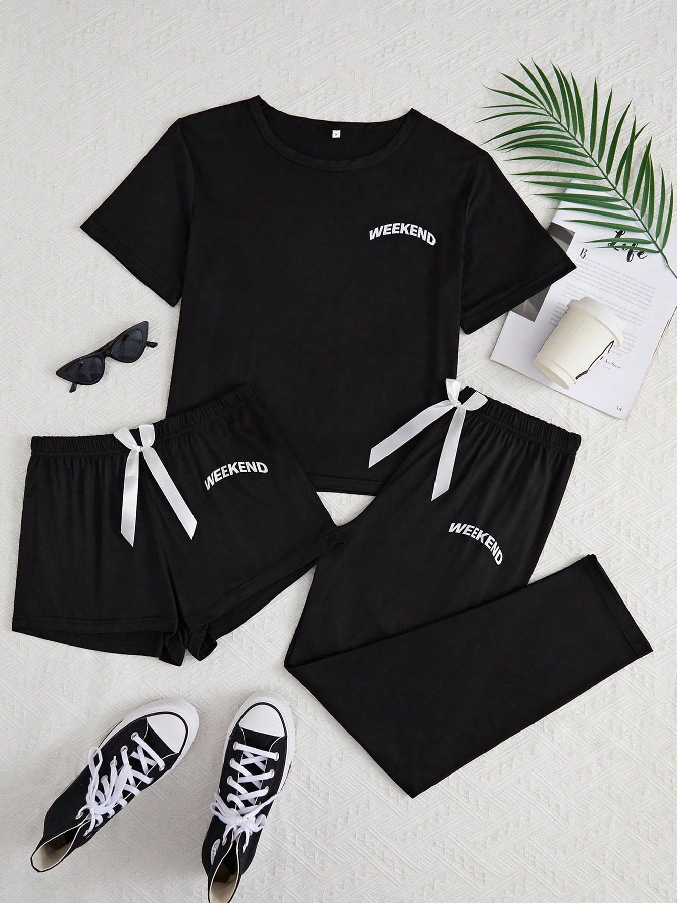 Letter Graphic Tee & Bow Front Shorts & Pants PJ Set / Pajama Set