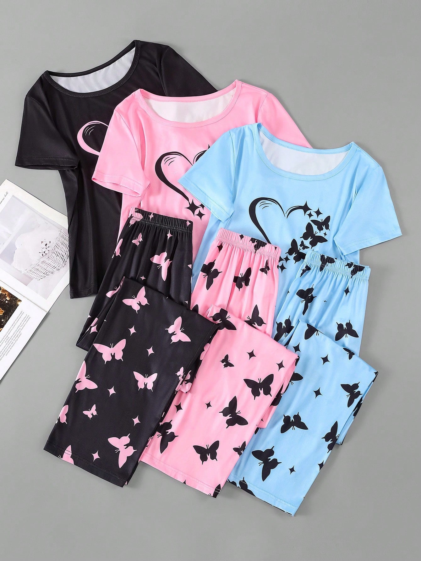 3pcs/set Women's Heart & Butterfly Print Short Sleeve Top And Long Pants Pajamas Set