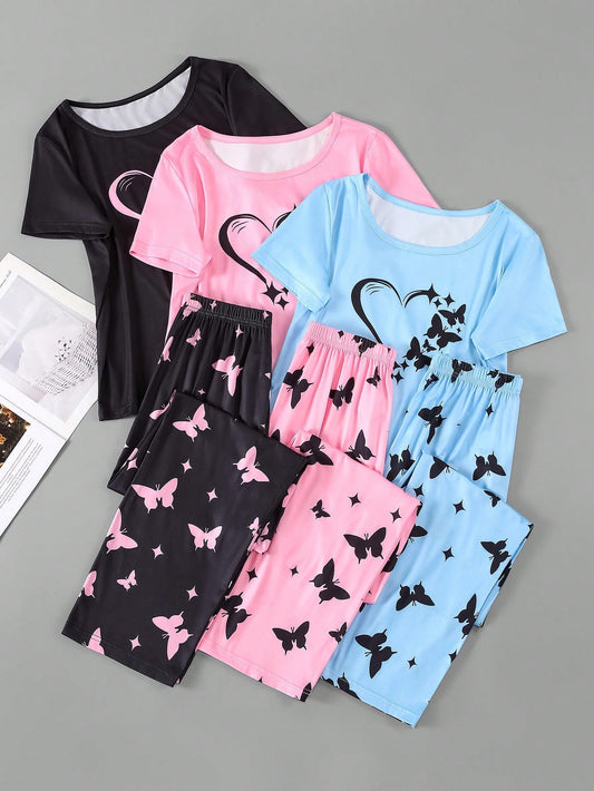 3pcs/set Women's Heart & Butterfly Print Short Sleeve Top And Long Pants Pajamas Set
