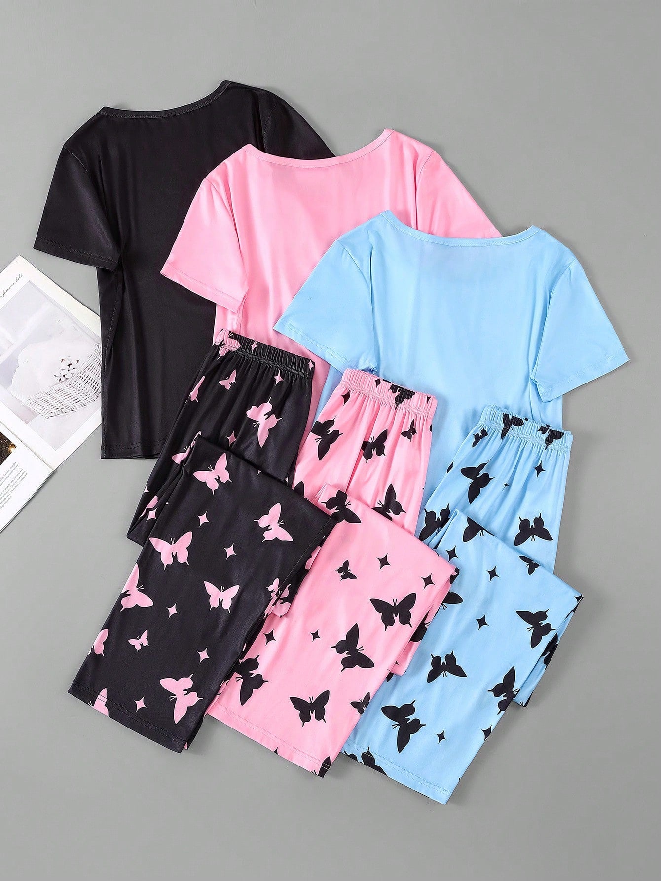 3pcs/set Women's Heart & Butterfly Print Short Sleeve Top And Long Pants Pajamas Set